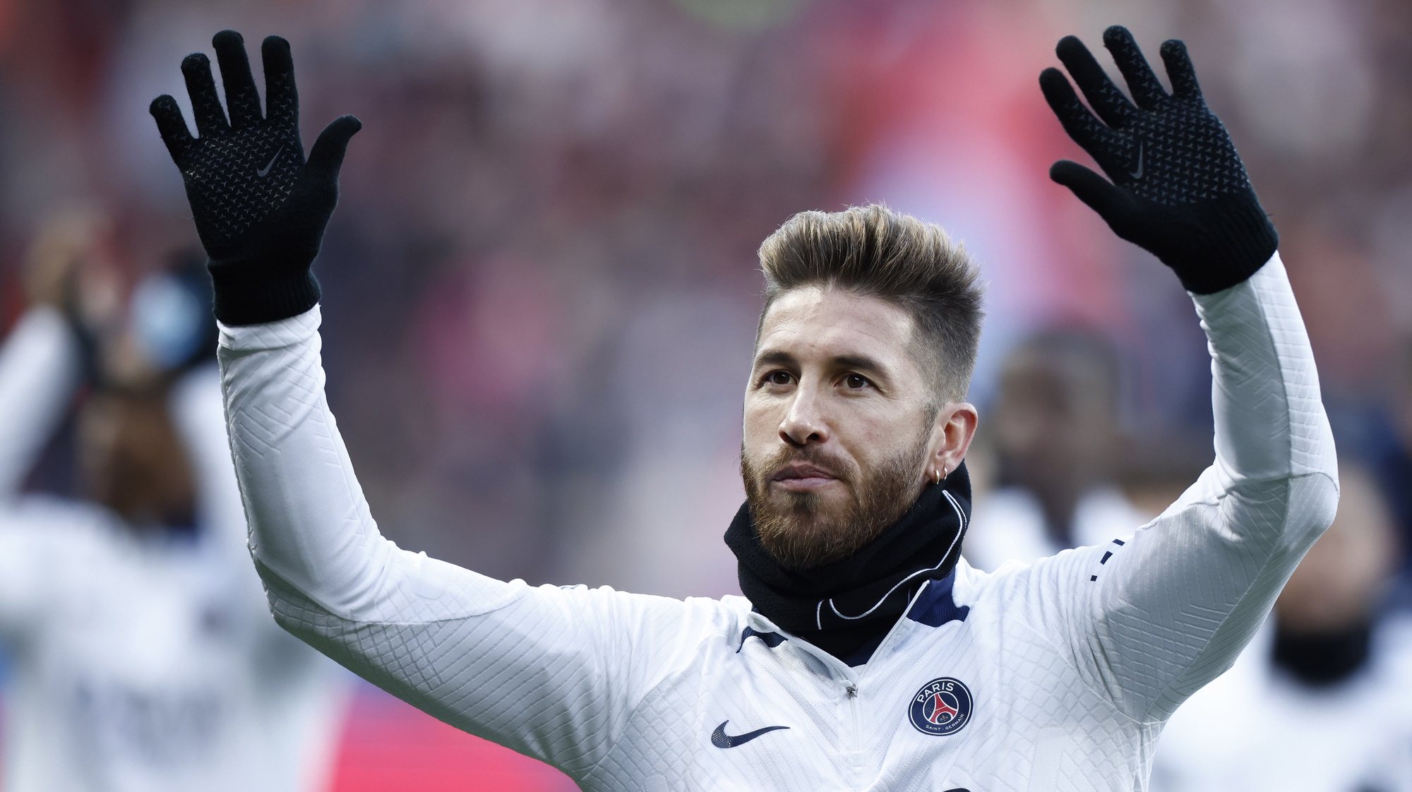 epa10488718 Paris Saint Germain&#039;s Sergio Ramos gestures toward the audience during a training session at the Parc des Princes stadium in Paris, France, 24 February 2023. For the first time since 2011, PSG holds an open training to the public.  EPA/YOAN VALAT