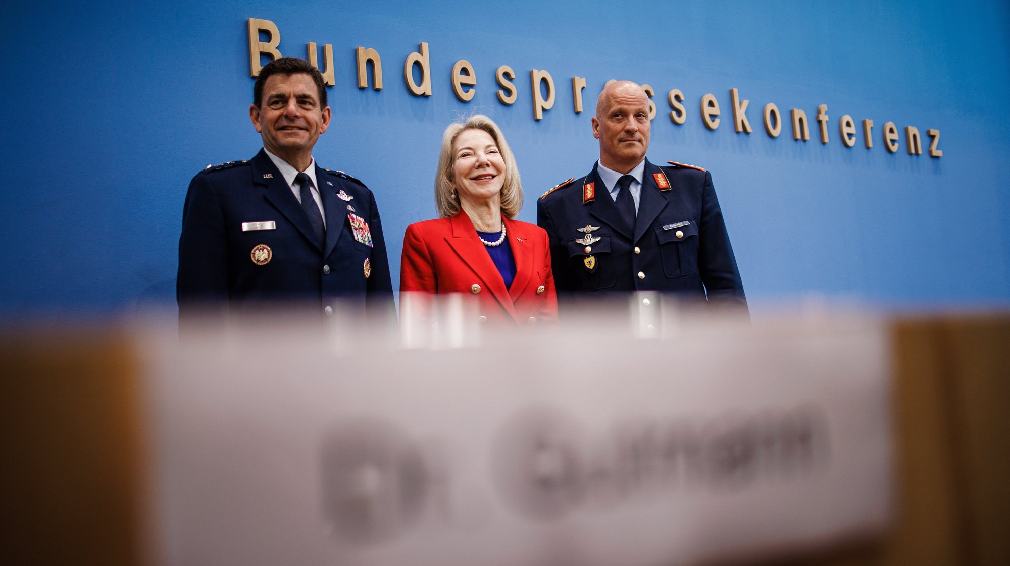 epa10676995 (L-R) Director U.S. Air National Guard Lieutenant General Michael A. Loh, U.S. Ambassador to Germany Amy Gutmann and Chief of Staff of the German Air Force Lieutenant General Ingo Gerhartz pose for the media at the beginning of a press conference on the NATO Air Defender 2023 exercise at the house of the Federal Press Conference (Bundespressekonferenz) in Berlin, Germany, 07 June 2023. The &#039;Air Defender 2023&#039; maneuver is the largest North Atlantic Treaty Organization (NATO) redeployment exercise of air forces in its existence and takes place from 12 to 23 June with up to 10,000 participants from 25 nations with 250 aircraft to train air operations in European airspace under the command of the German Air Force.  EPA/CLEMENS BILAN