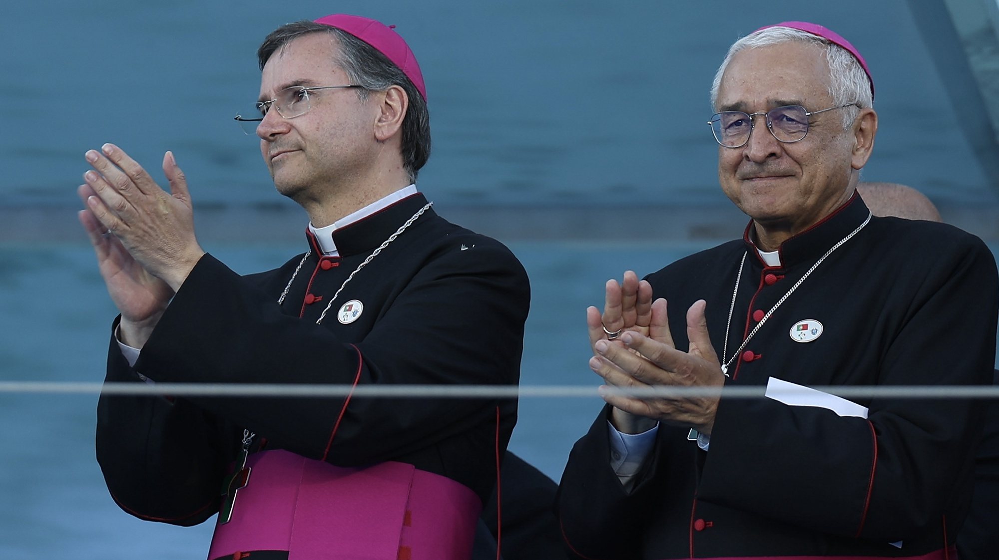 Lisbon auxiliary bishop, Americo Aguiar (L) and Leiria-Fatima bishop, D. Jose Ornelas Carvalho, attend the Stations of the Cross with the presence of Pope Francis (not pictured) on Meeting Hill at Parque Eduardo VII in Lisbon, Portugal, 04 August 2023. The Pontiff is in Portugal on the occasion of World Youth Day (WYD), one of the main events of the Church that gathers the Pope with youngsters from around the world. JOSE SENA GOULAO/LUSA/POOL