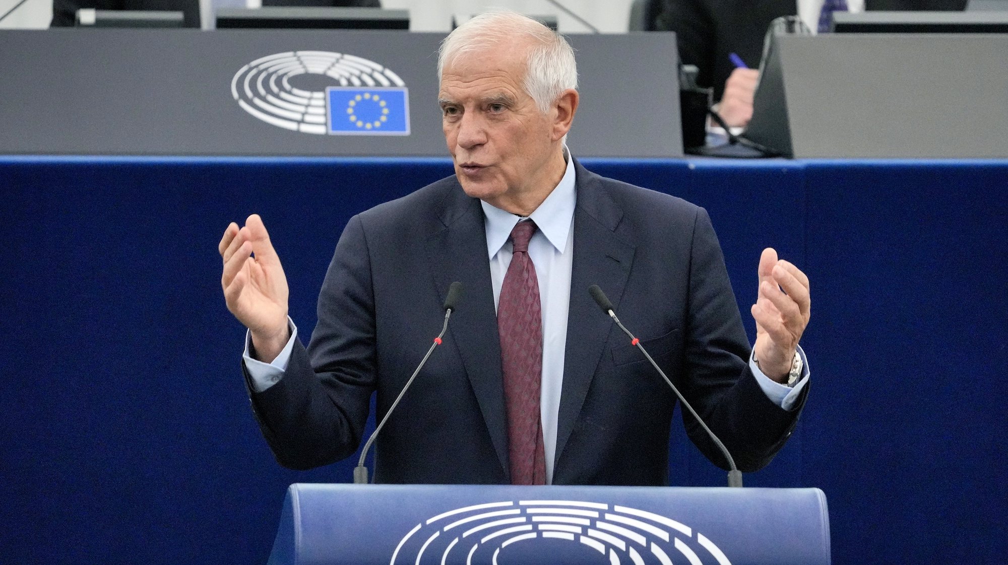 epa10989012 European Union High Representative for Foreign Affairs and Security Policy, Josep Borrell speaks during a Council and Commission statement at the European Parliament in Strasbourg, France, 22 November 2023. The Council and Commission statements&#039; debate focused on the humanitarian situation in Gaza, the need for release of hostages held by Hamas, and for an immediate humanitarian truce leading to a ceasefire and the prospects for peace and security in the Middle East. The EU Parliament plenary session runs from 20 until 23 November 2023.  EPA/RONALD WITTEK