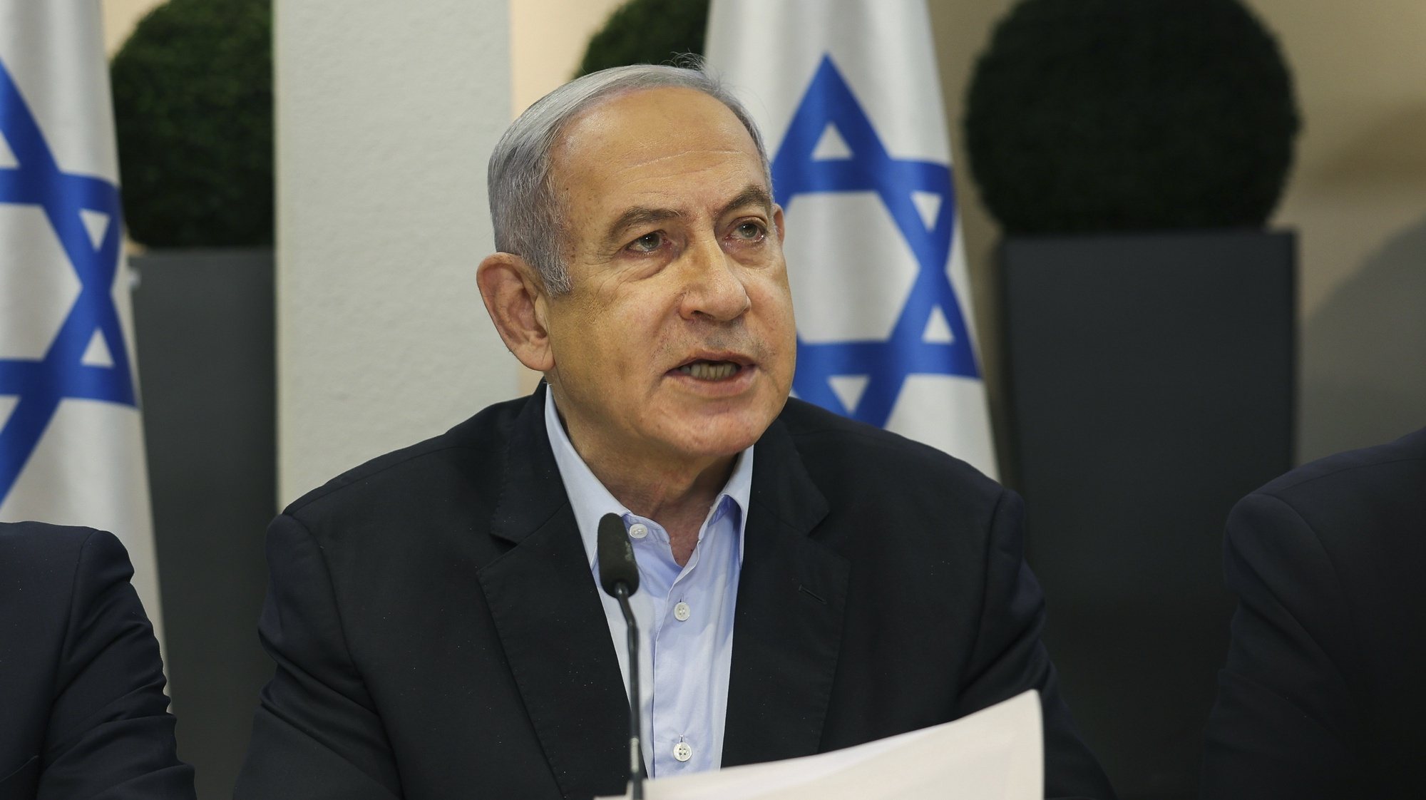 epa11062074 Israeli Prime Minister Benjamin Netanyahu speaks during the weekly cabinet meeting at the Defence Ministry in Tel Aviv, Israel, 07 January 2024.  EPA/RONEN ZVULUN / POOL