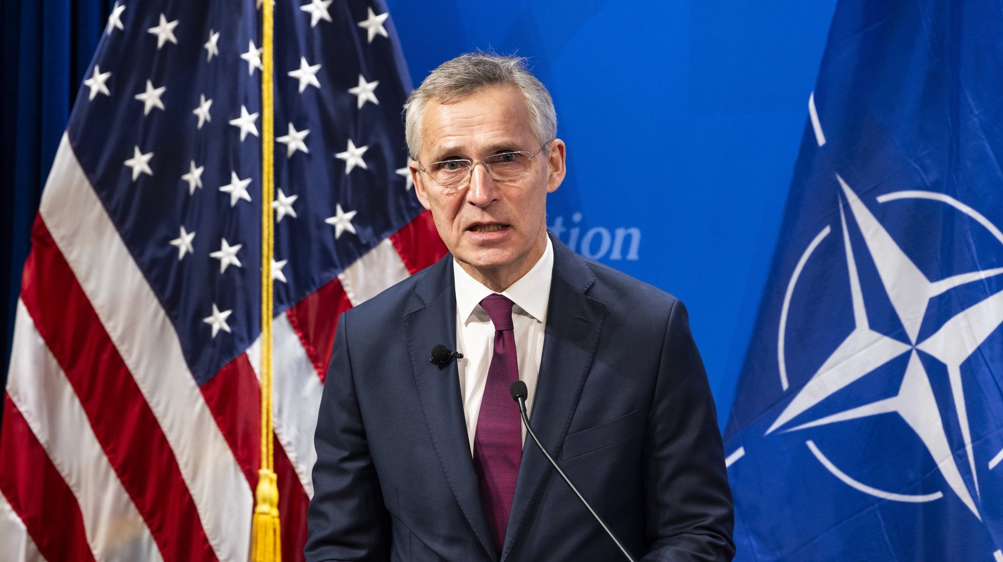 epa11116172 NATO Secretary General Jens Stoltenberg speaks on the modern needs of the NATO alliance at the Heritage Foundation in Washington, DC, USA, 31 January 2024. Stoltenberg stated that ‘while China is the most serious largest long-term challenge, Russia is the most immediate one.’ He also said ‘NATO is a good deal for the United States.’  EPA/JIM LO SCALZO