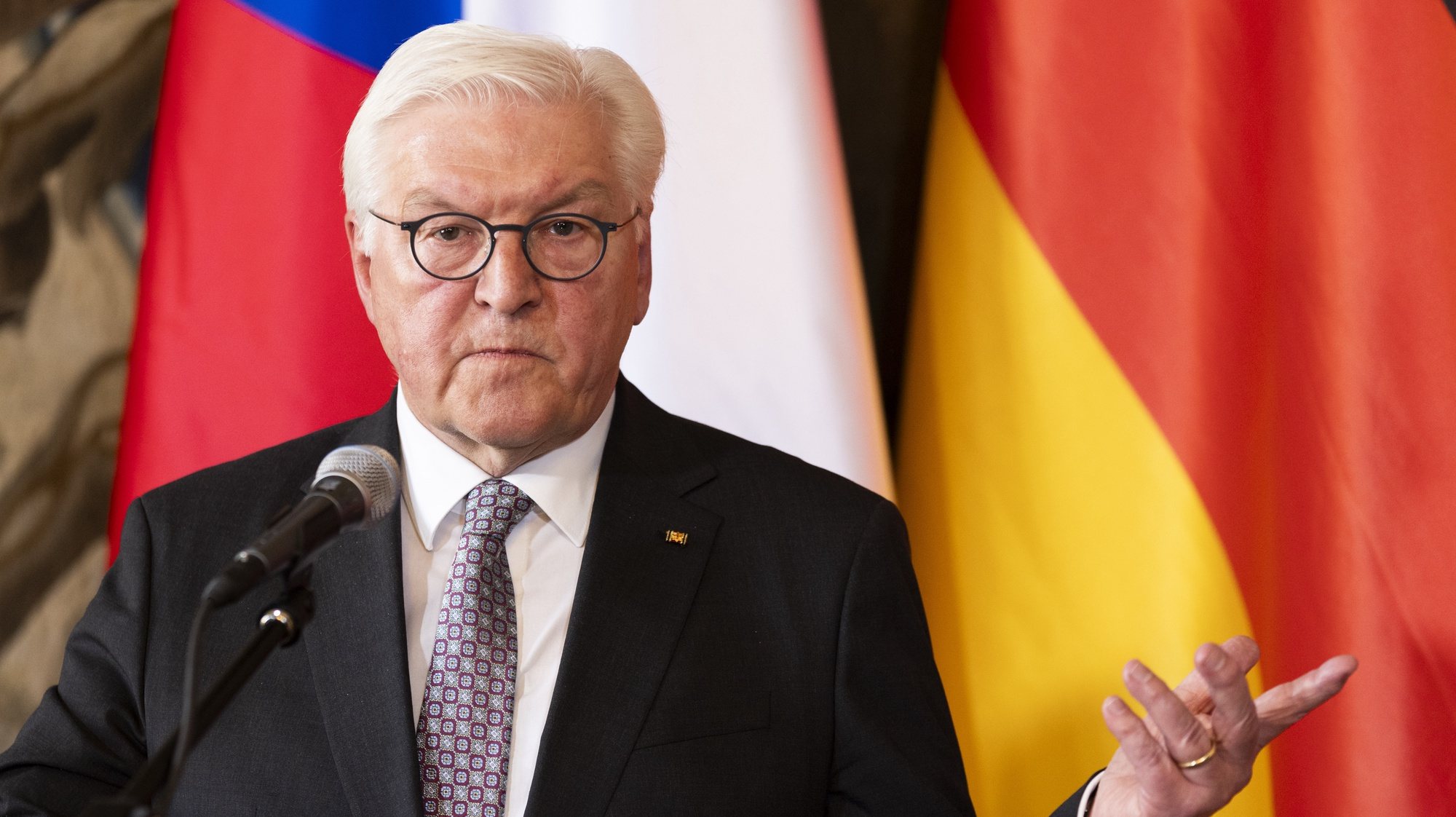epa11308649 German President Frank-Walter Steinmeier gestures as he speaks during a press conference with Czech president (not pictured) after their meeting at Prague Castle, in Prague, Czech Republic, 29 April 2024. Steinmeier is on an official visit to Prague.  EPA/MICHAL TUREK