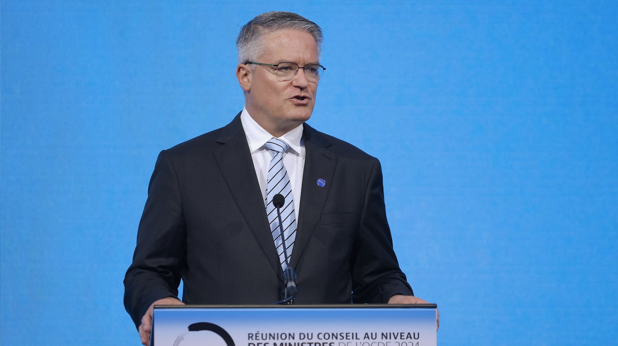 epa11313918 OECD Secretary-General Mathias Cormann delivers his speech during the Organisation for Economic Co-operation and Development (OECD) Ministerial Council Meeting (MCM) in Paris, France, 02 May 2024. The theme of this year&#039;s MCM is &#039;Co-Creating the Flow of Change: Leading Global Discussions with Objective and Reliable Approaches towards Sustainable and Inclusive Growth&#039;.  EPA/YOAN VALAT