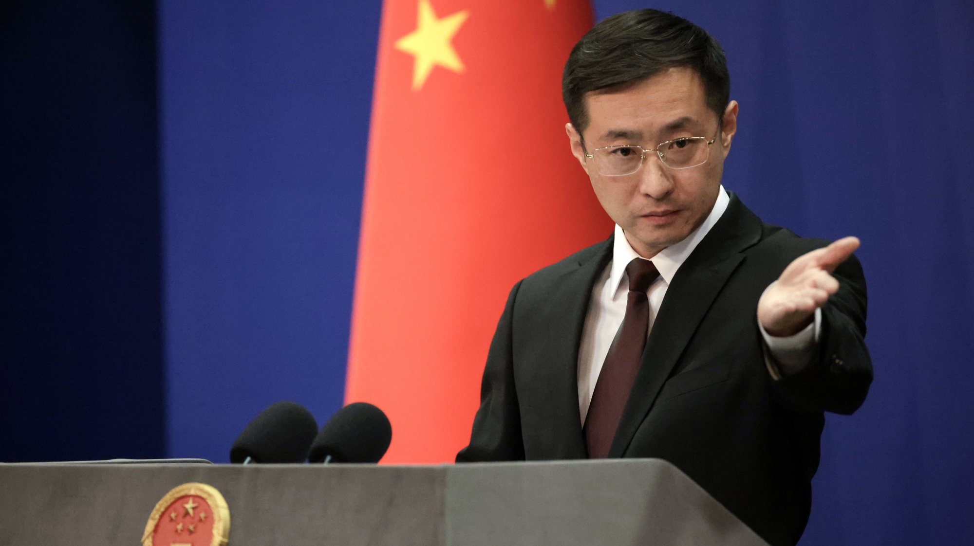 epa11230713 Chinese foreign ministry spokesperson Lin Jian gestures as he holds a press conference in Beijing, China, 20 March 2024. Hong Kong on 19 March passed a new national security law, called Article 23, which has sparked international concerns about its impact on press freedom, religious freedom, and fundamental rights. Chinese foreign ministry spokesperson Lin Jian mentioned China&#039;s &#039;strong dissatisfaction and firm opposition&#039; to the countries and institutions slandering the legislation.  EPA/ANDRES MARTINEZ CASARES