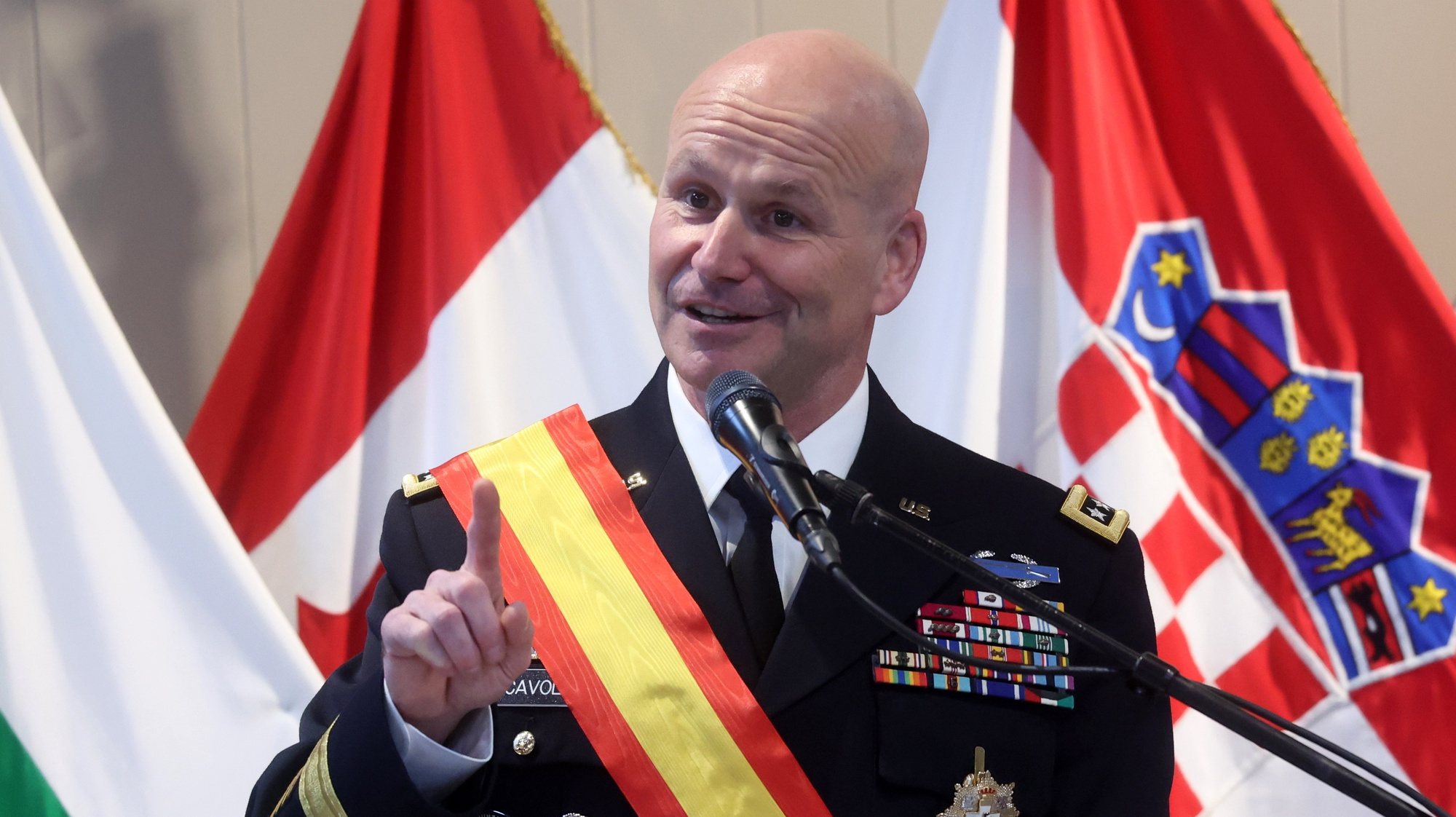 epa11167791 US General Christopher G Cavoli the Supreme Allied Commander Europe (SACEUR) speaks after receiving decoration by King Felipe VI of Spain during a visit at NATO Supreme Headquarters Allied Powers in Europe (SHAPE) near Mons, Belgium, 20 February 2024.  EPA/OLIVIER HOSLET