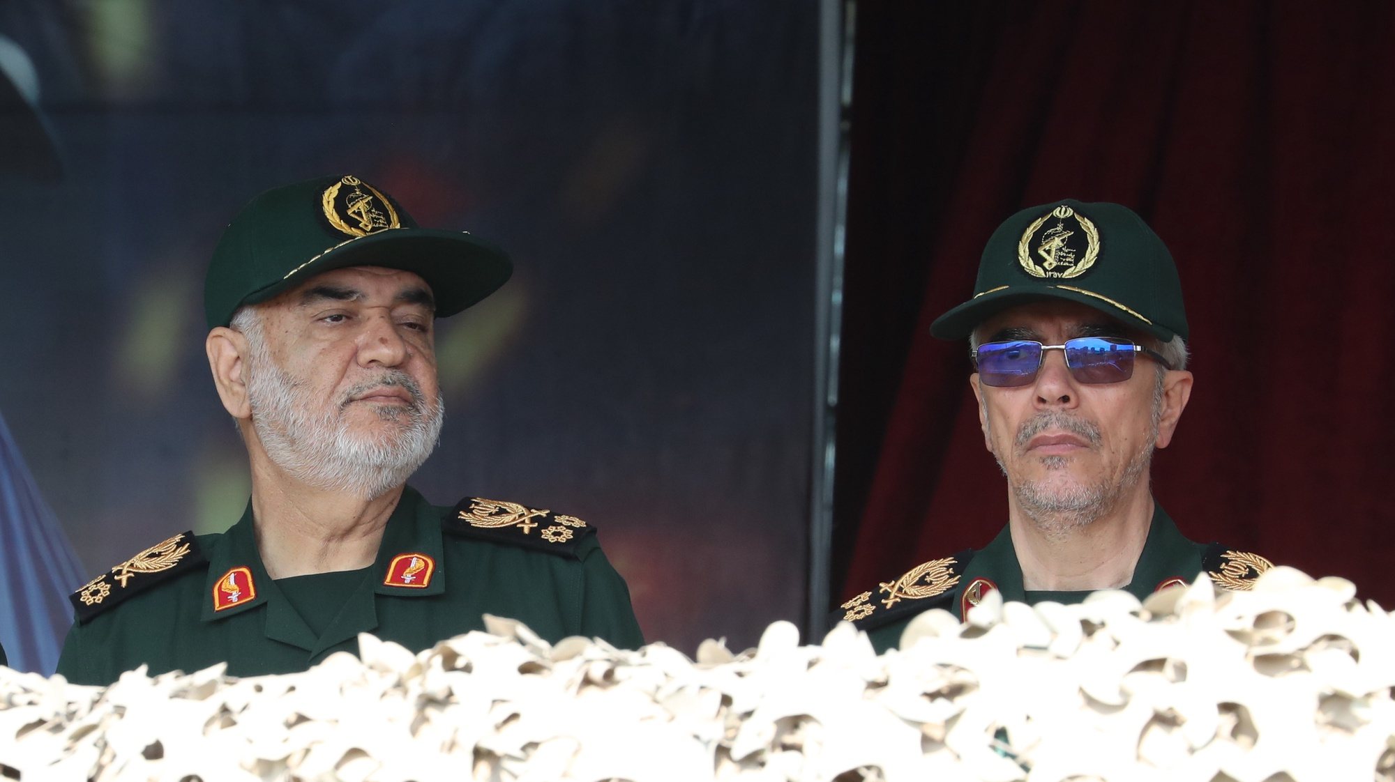 epa11283753 Islamic Revolutionary Guard Corps military commander General Mohammad Bagheri (R) and head of Iranian revolutionary guard corps (IRGC) Hossein Salami (L) attend the Army Day in a military base in Tehran, Iran, 17 April 2024. According to Iranian state media, Raisi described the recent attack launched towards Israel as &#039;limited&#039; and &#039;punitive&#039;, adding that any act of aggression against Iran will be dealt with a &#039;powerful and fierce&#039; response. Iran&#039;s Islamic Revolutionary Guards Corps (IRGC) launched drones and rockets towards Israel late on 13 April.  EPA/ABEDIN TAHERKENAREH