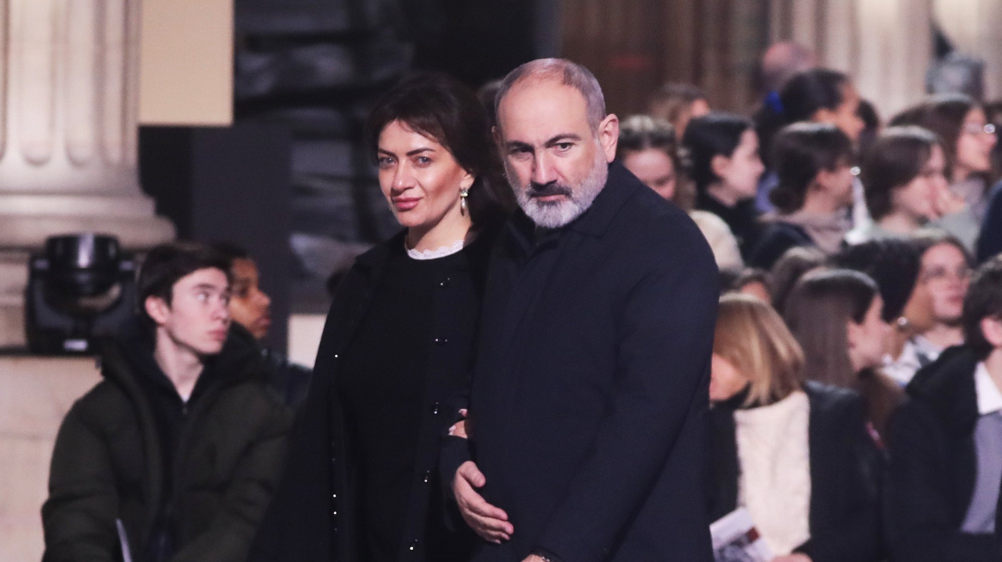 epa11170589 Prime Minister of Armenia Nikol Pashinian (R) and his wife Anna Hakobyan (L) arrive at the national tribute to the Armenian communist resistance fighter Missak Manouchian and his comrades at the Pantheon in Paris, France, 21 February 2024. Manouchian was a hero of the French Resistance in World War II of Armenian origin who was executed by occupying Nazi forces in 1944.  EPA/CHRISTOPHE PETIT TESSON / POOL
