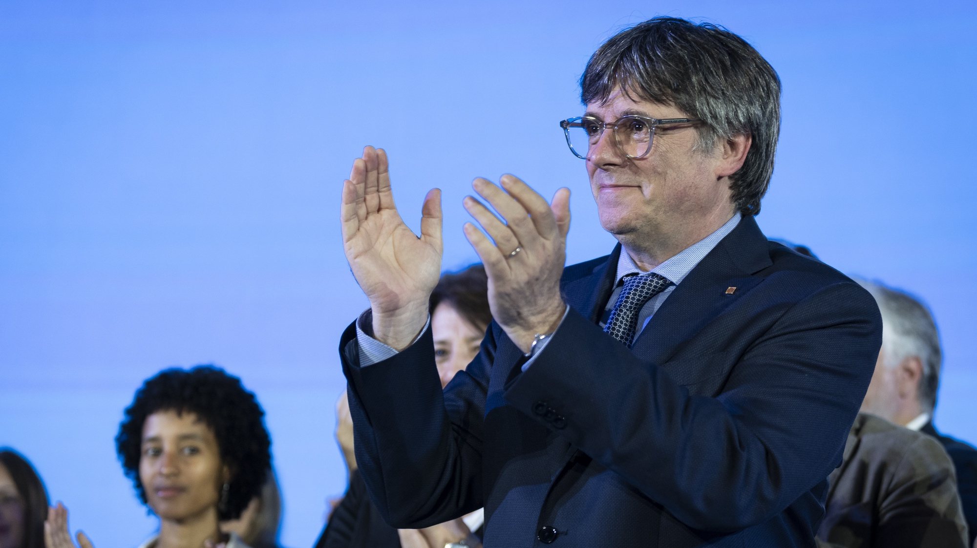 epa11336193 Catalonian JxCat party candidate Carles Puigdemont delivers a press conference during the Catalonia regional election, in Argeles-sur-Mer, France, 12 May 2024. Catalonia holds regional elections on 12 May in which Catalans are called to elect the 15th Parliament of the autonomous community of Catalonia.  EPA/David Borrat