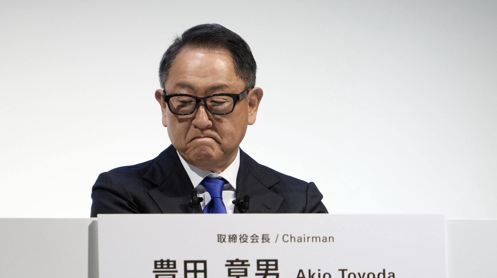 epa11386874 Toyota Motor Corp. Chairman Akio Toyoda reacts during a press conference in Tokyo, Japan, 03 June 2024. Toyota Motor Corp. held a press conference after Japan&#039;s transport ministry said it found authentication fraud in processes conducted on pedestrian protection tests in three current models and tampering with test vehicles in crash tests in four past models at Toyota.  EPA/FRANCK ROBICHON