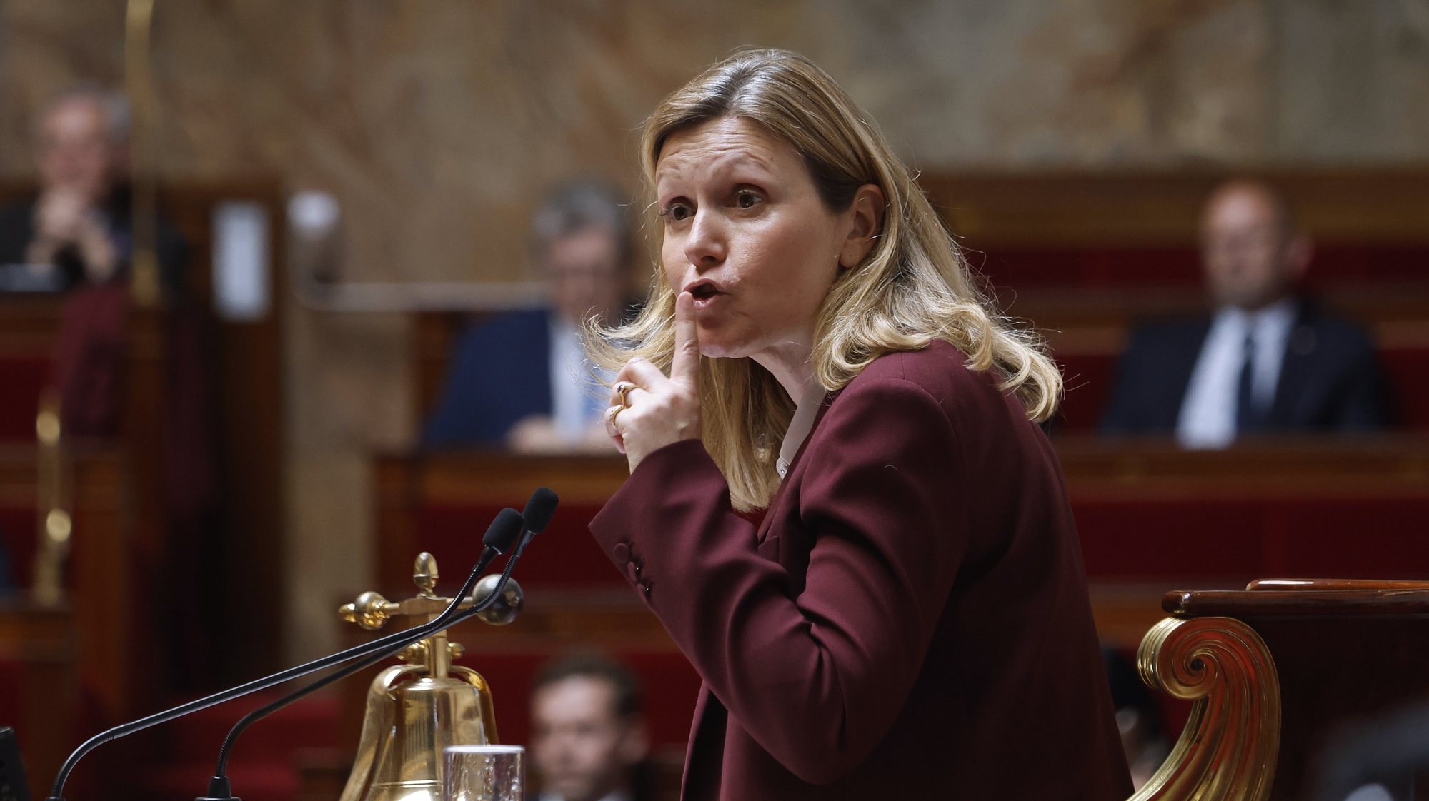 epa11310296 President of the French National Assembly, Yael Braun-Pivet gestures during a Questions to the government session at French National Assembly in Paris, France, 30 April 2024.  EPA/YOAN VALAT