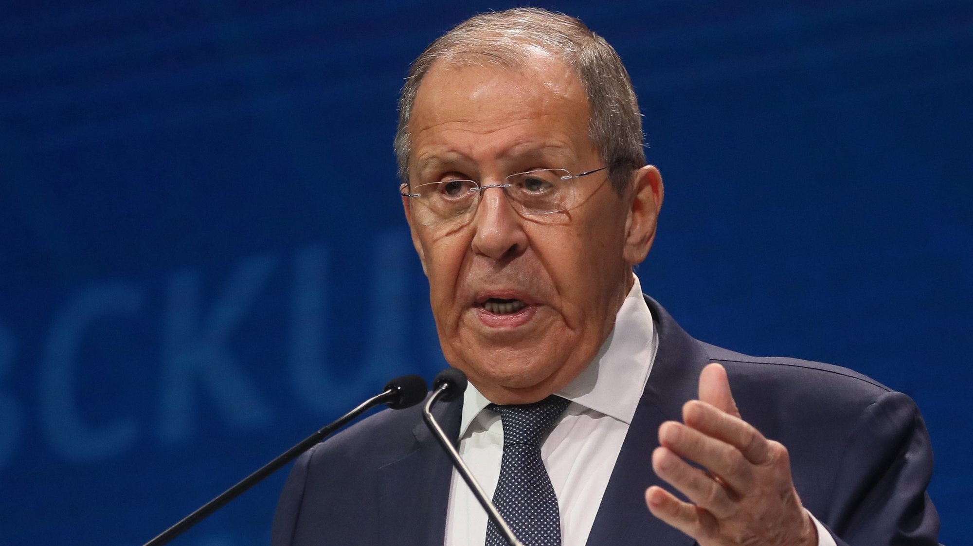 epa11438512 Russian Foreign Minister Sergei Lavrov delivers a speech at the 10th International Forum &#039;Primakov Readings - 2024&#039; in Moscow, Russia, 26 June 2024. The Forum runs from 25 to 26 June.  EPA/MAXIM SHIPENKOV
