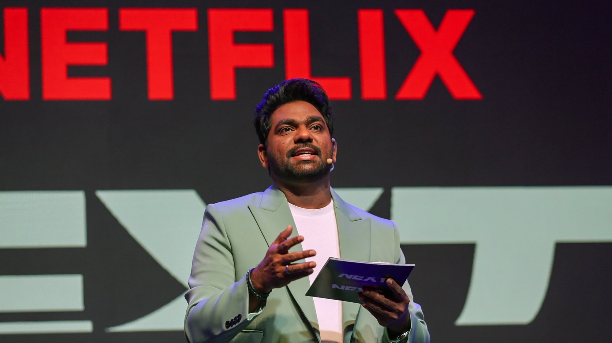 epa11189181 Indian comedian Zakir Khan speaks during a Netflix event in Mumbai, India, 29 February 2024. Netflix has unveiled a slate of around 22 Indian original television series and films.  EPA/DIVYAKANT SOLANKI