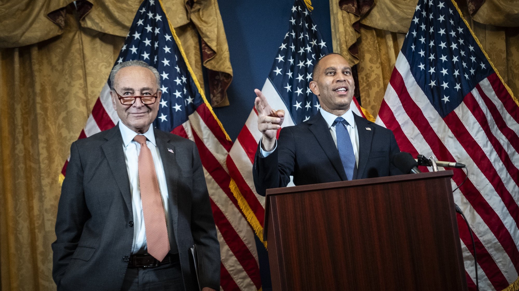 epa11492966 Senate Democratic Majority Leader Chuck Schumer (L) and House Democratic Minority Leader Hakeem Jeffries speak during a news conference on Capitol Hill in Washington, DC, USA, 23 July 2024. Jeffries and Schumer, both of New York, endorse Vice President Kamala Harris for the Democratic nomination for US President.  EPA/PETE MAROVICH