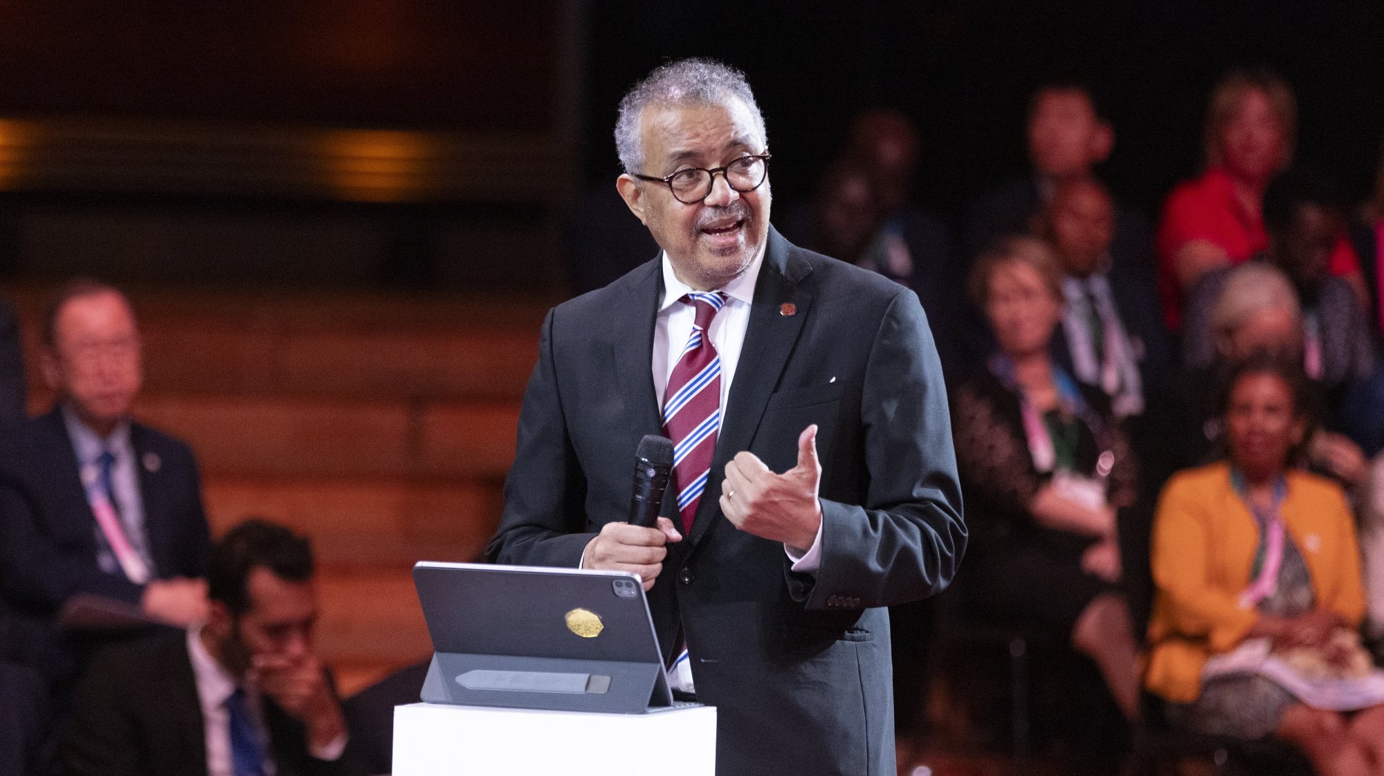 epa11496058 Tedros Adhanom Ghebreyesus, Director General of the World Health Organization (WHO), addresses the Sport for Sustainable Development Summit ahead of the Paris Olympic games, at the Carroussel du Louvre in Paris, France, 25 July 2024. The Summit aims to mobilize the public and private sectors around the values of sport and financing for development, and to support the Paris Agreement on Sport and Sustainable Development, which consists of 10 commitments.  EPA/ANDRE PAIN / POOL