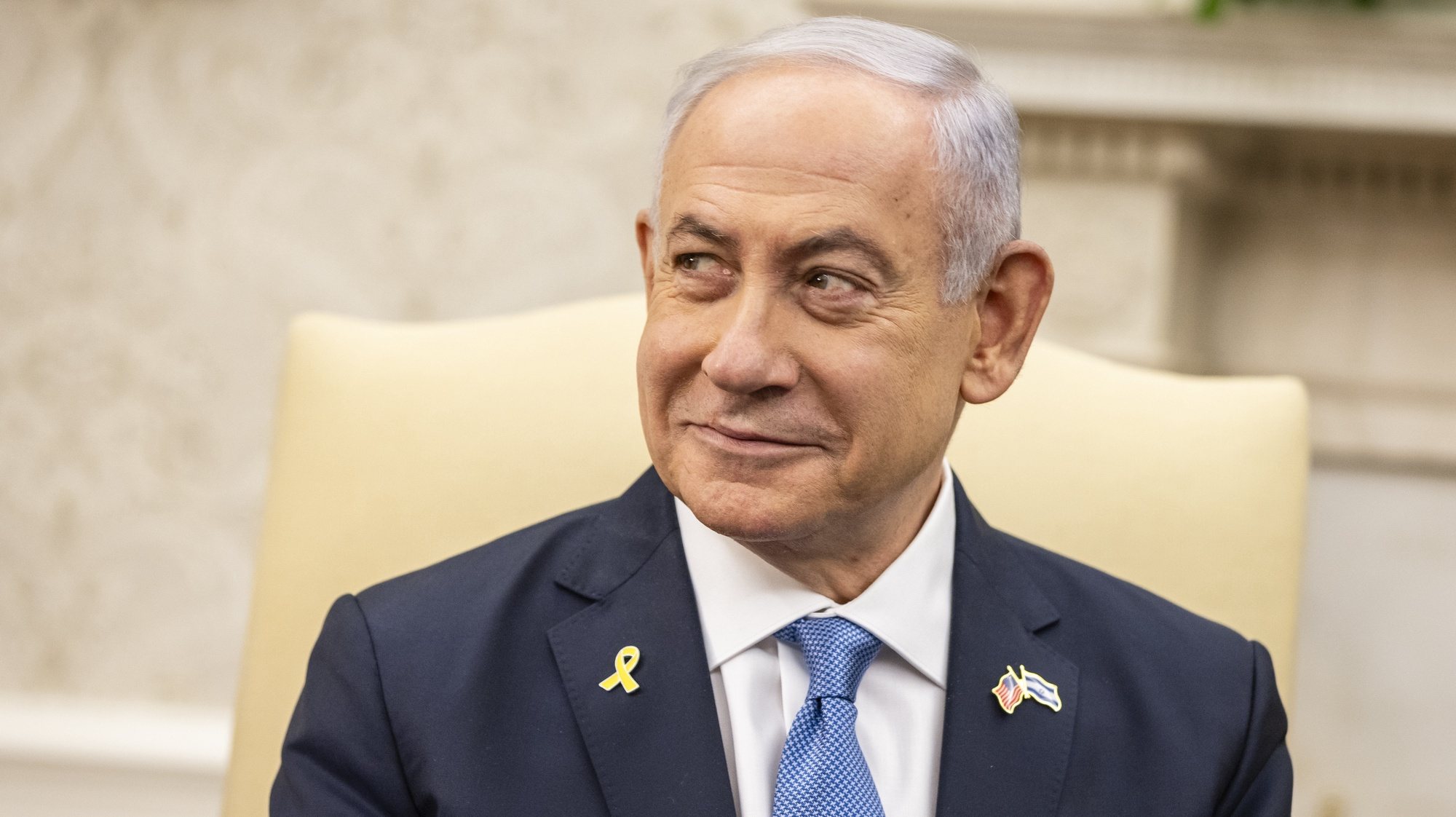 epa11496043 Israeli Prime Minister Benjamin Netanyahu looks on during a bilateral meeting with US President Joe Biden (not pictured) in the Oval Office at the White House, in Washington, DC, USA, 25 July 2024. US President Joe Biden hosts Israeli Prime Minister Netanyahu the day after Netanyahu delivered an address to a joint meeting of the US Congress.  EPA/SAMUEL CORUM / POOL