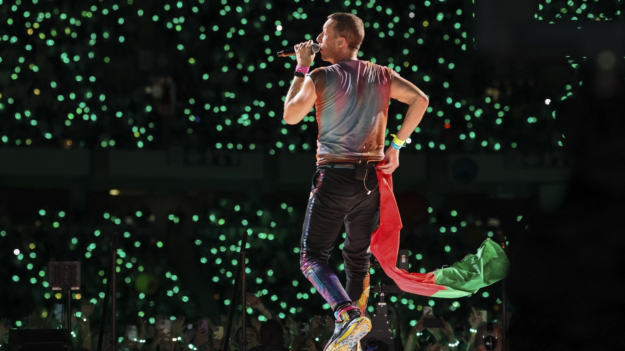Chris Martin of British band Coldplay performs on stage during a concert of the band&#039;s &quot;Music of the Spheres&quot; world tour at Coimbra City Stadium, Coimbra, Portugal, 17 May 2023.  EDITORIAL USE ONLY  NO SALES. ONLY USE ONE TIME FOR 3 MONTHS     PAULO NOVAIS/LUSA