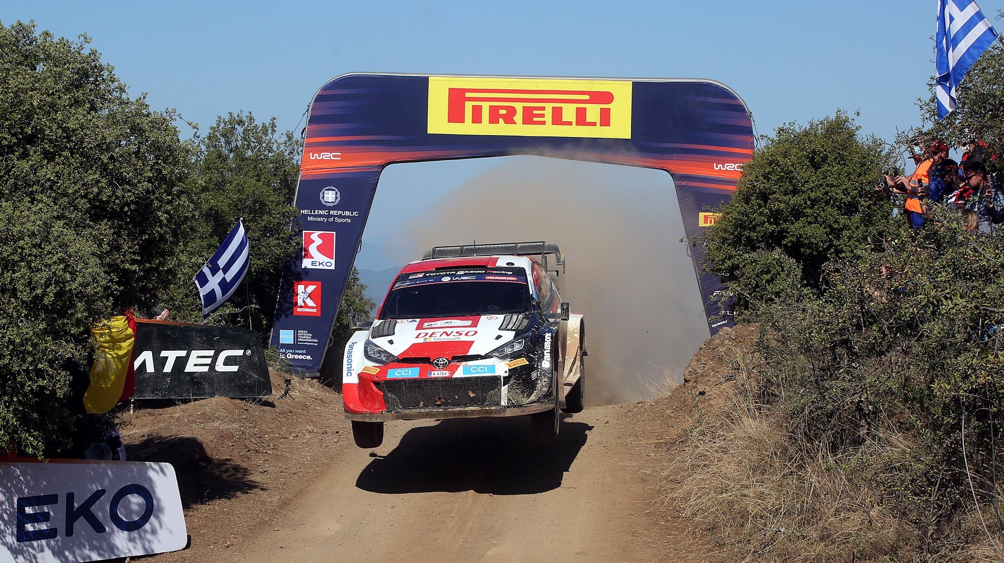 epa10852182 Kalle Rovanpera of Finland drives his TOYOTA GR Yaris Rally1 during the EKO Acropolis Rally Greece as part of the World Rally Championship (WRC) in Grammeni, central Greece, 10 September 2023.  EPA/ORESTIS PANAGIOTOU