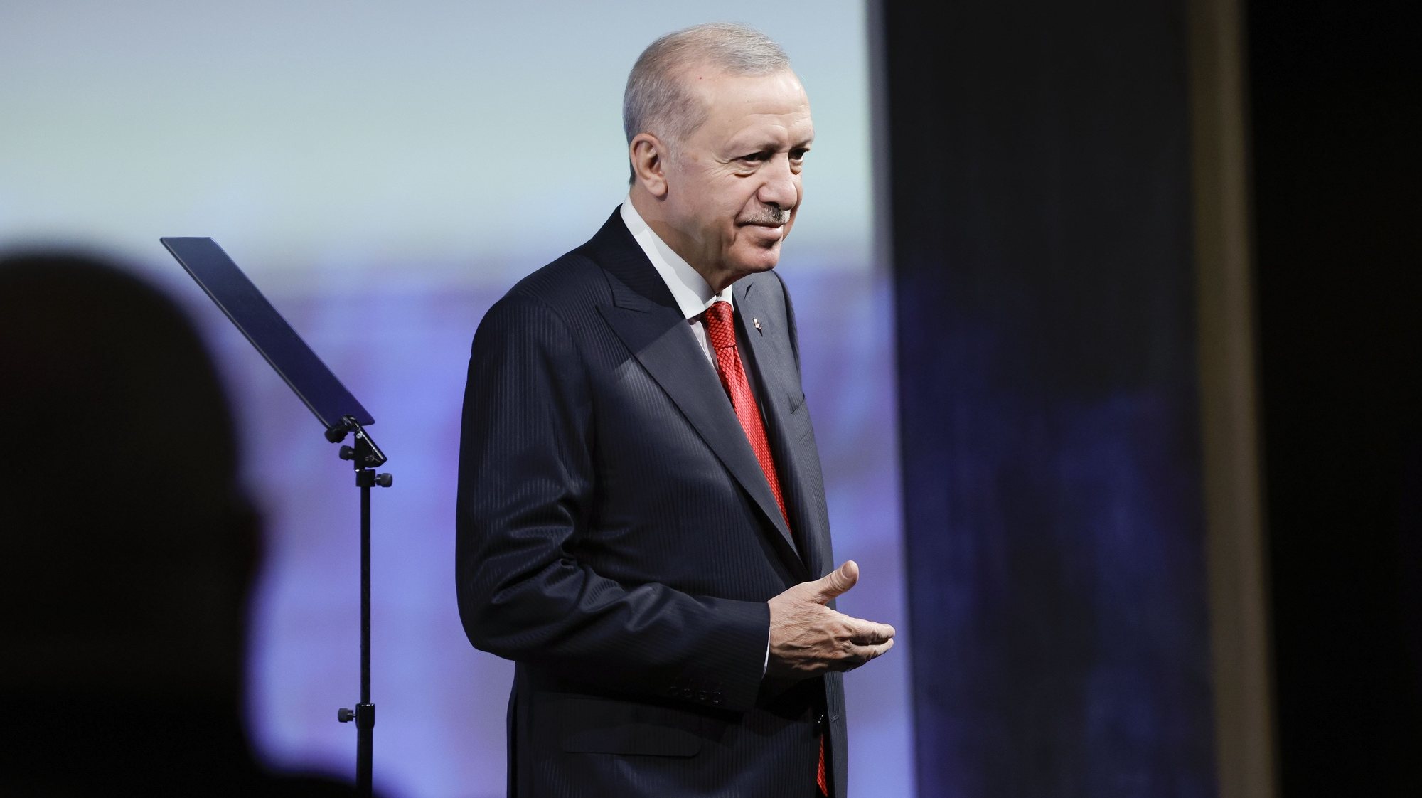 epa11407485 Turkish President Recep Tayyip Erdogan takes part in a Turkey-Spain Business meeting held in Madrid, Spain, on the sidelines of the High-Level meeting between Spain and Turkey, 13 June 2024.  EPA/ZIPI ARAGON