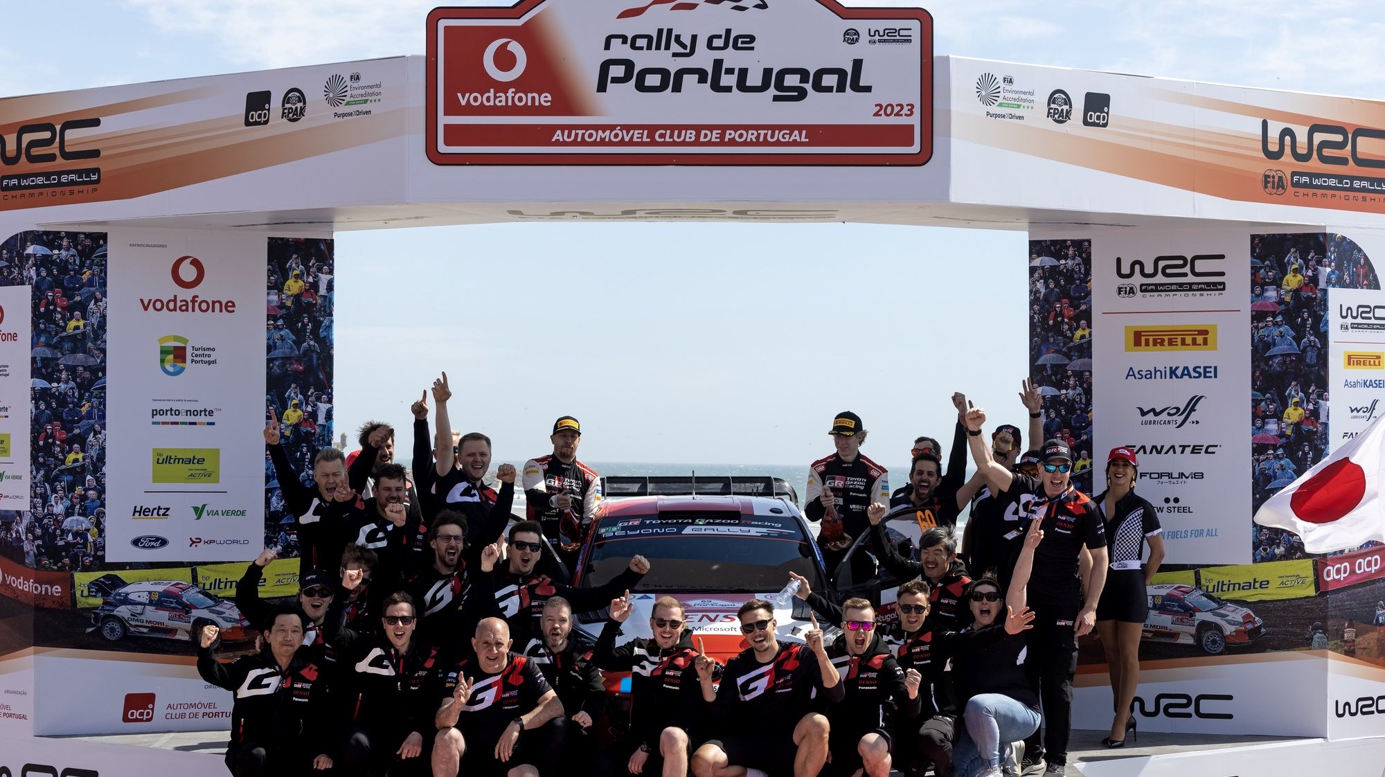Toyota team celebrate after winning the Rally Portugal 2023 as part of the World Rally Championship (WRC) in Matosinhos, Portugal,, 14 May 2023. JOSE COELHO/LUSA