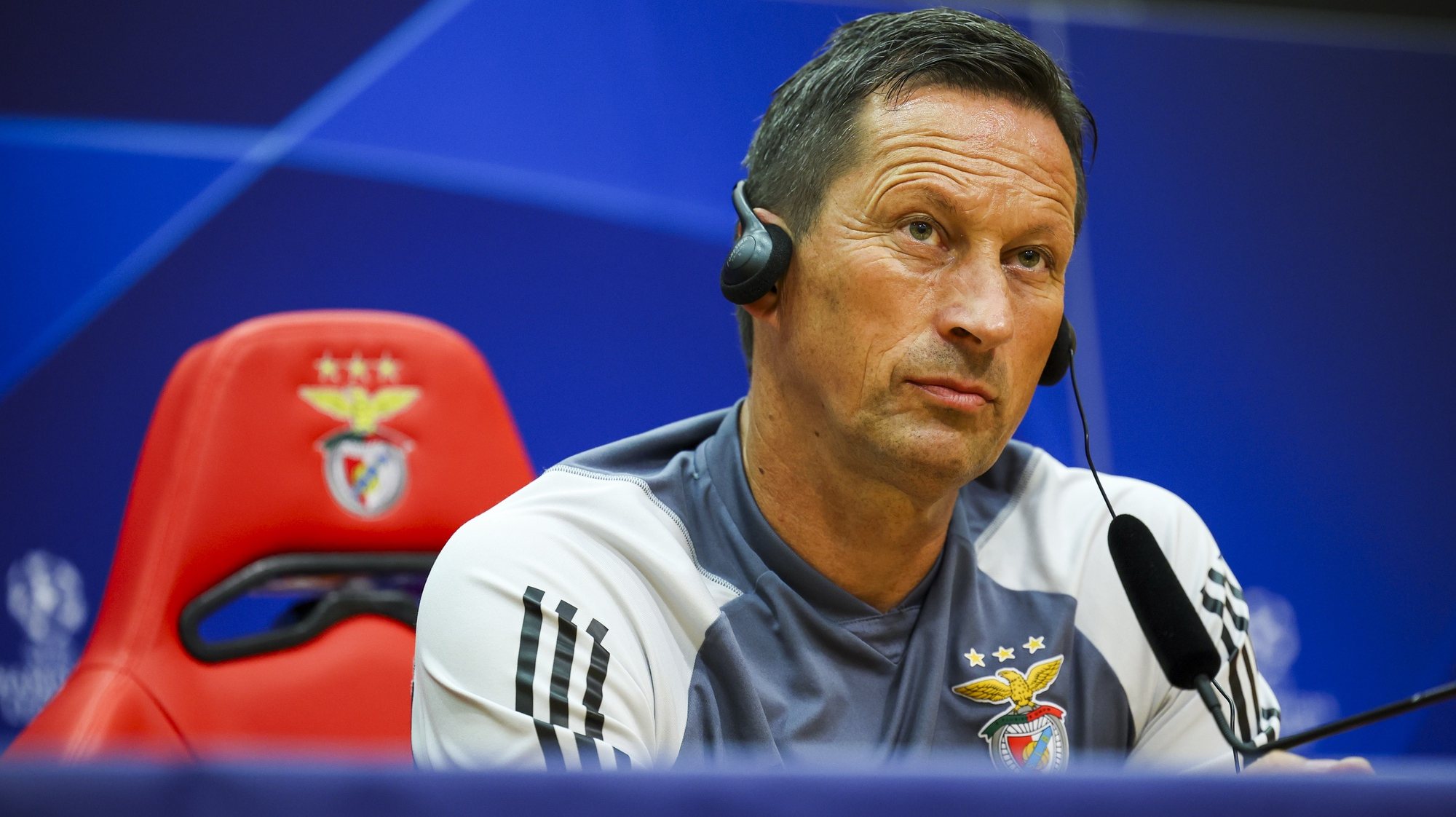 Benfica head coach Roger Schmidt attends a press conference ahead of their UEFA Champions League group D stage match against Real Sociedad, at Benfica Campus in Seixal, outskirts of Lisbon, Portugal, 23 October 2023. JOSE SENA GOULAO/LUSA