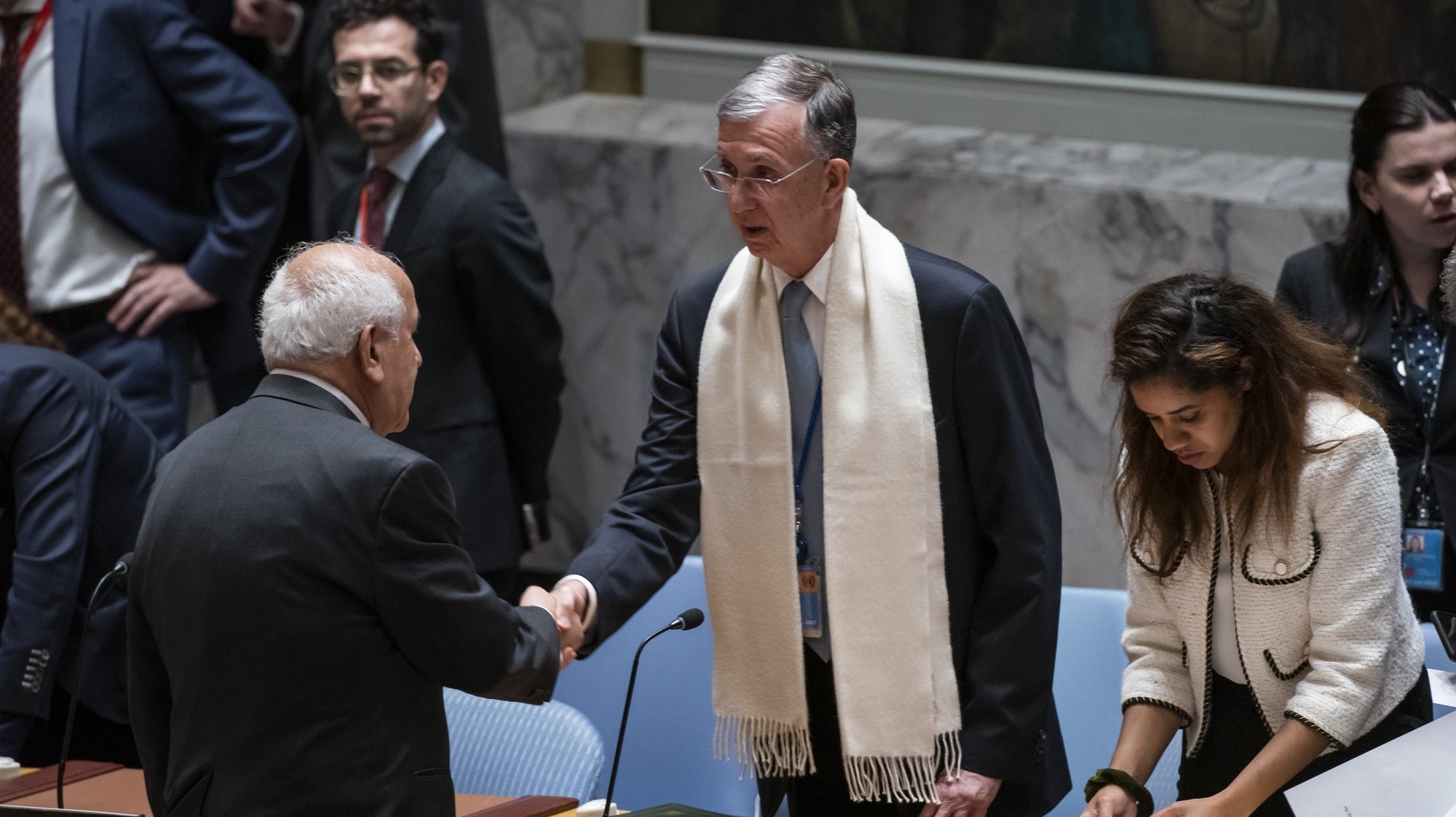 epa10922698 Ambassador Riyad Mansour, Palestine&#039;s Permanent Observer to the United Nations speaks with Security Council President and Brazilian Ambassador Sergio Franca Danese before a United Nations Security Council meeting about the war between Israel and Hamas at United Nations headquarters in New York, New York, USA, 16 October 2023.  EPA/EDUARDO MUNOZ