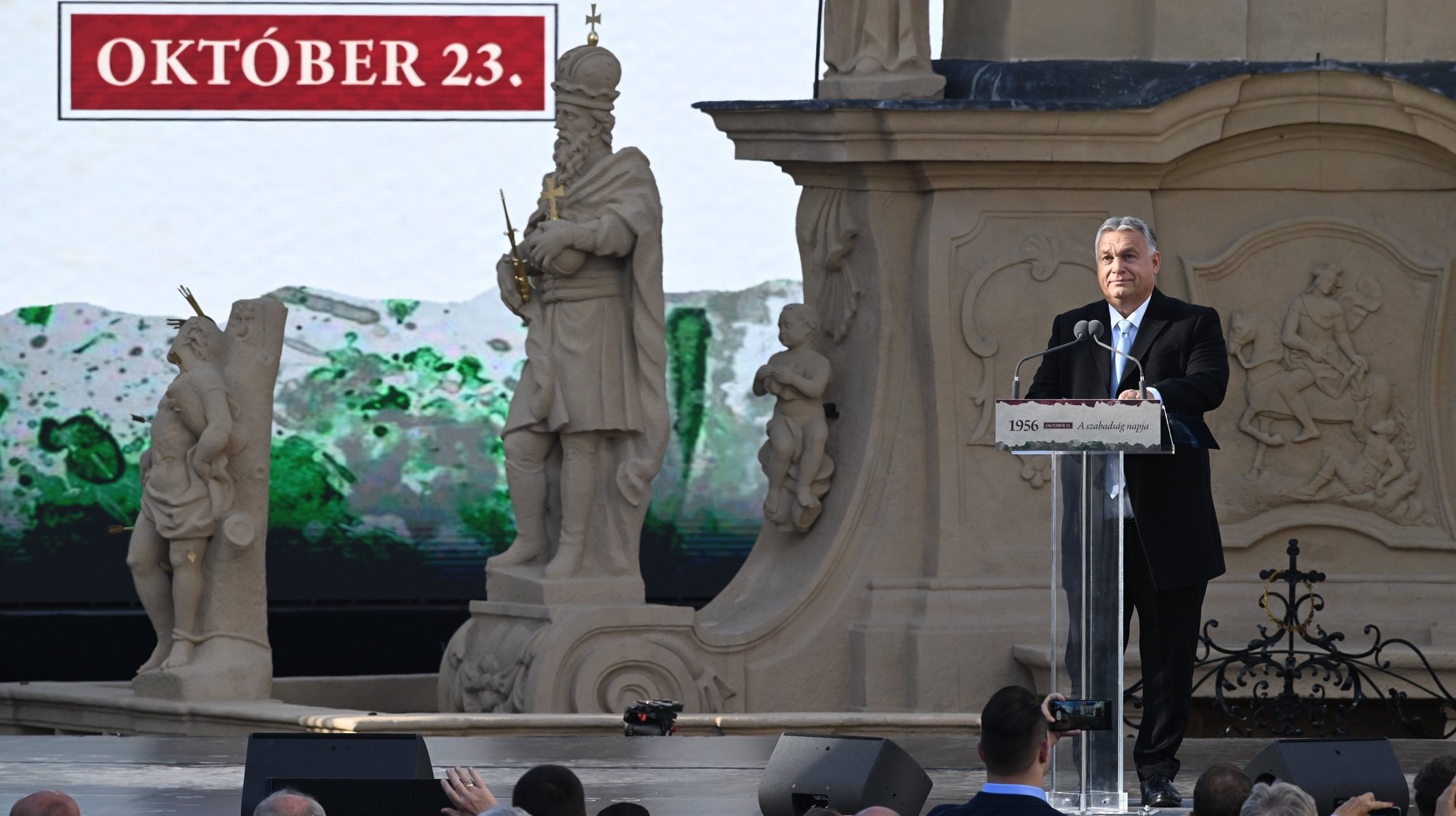 epa10934606 Hungarian Prime Minister Viktor Orban delivers his speech to mark the 67th anniversary of the Hungarian revolution and war of independence against communist rule and the Soviet Union in 1956 in Veszprem, Hungary, 23 October 2023. The national holiday marks the 67th anniversary of the outbreak of the Hungarian revolution and war of independence against communist rule and the Soviet Union on 23 October 1956.  EPA/Szilard Koszticsak HUNGARY OUT