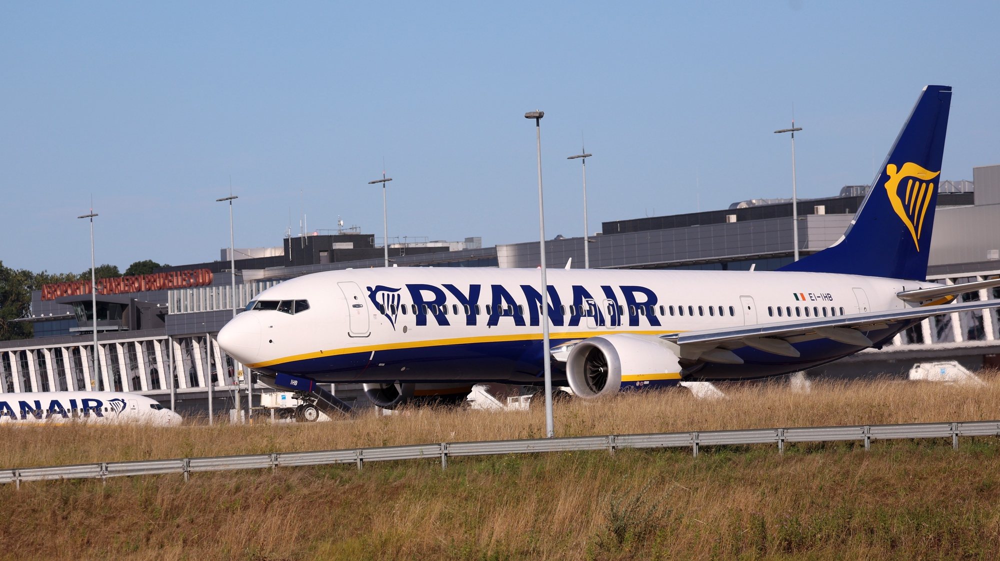 epa10799467 Ryanair flight FR6951 to Manchester (Boeing 737-8200 MAX tail number &#039;EI-IHB&#039;) is taxiing on the first day of a two days of stike of Ryanair pilots employed in Belgium, at Brussels South Charleroi airport in Gosselies, Belgium, 14 August 2023.  According to Brussels South Charleroi airport website, a total of 88 flights have been canceled for both 14 and 15 August at Brussels South Charleroi Airport, a significant hub for Ryanair in Europe where 16 airplanes are based, during a strike over pay and working conditions by Ryanair pilots in Belgium. This marks the third two-day strike by Belgian pilots this summer, affecting over 50,000 passengers.  EPA/OLIVIER HOSLET