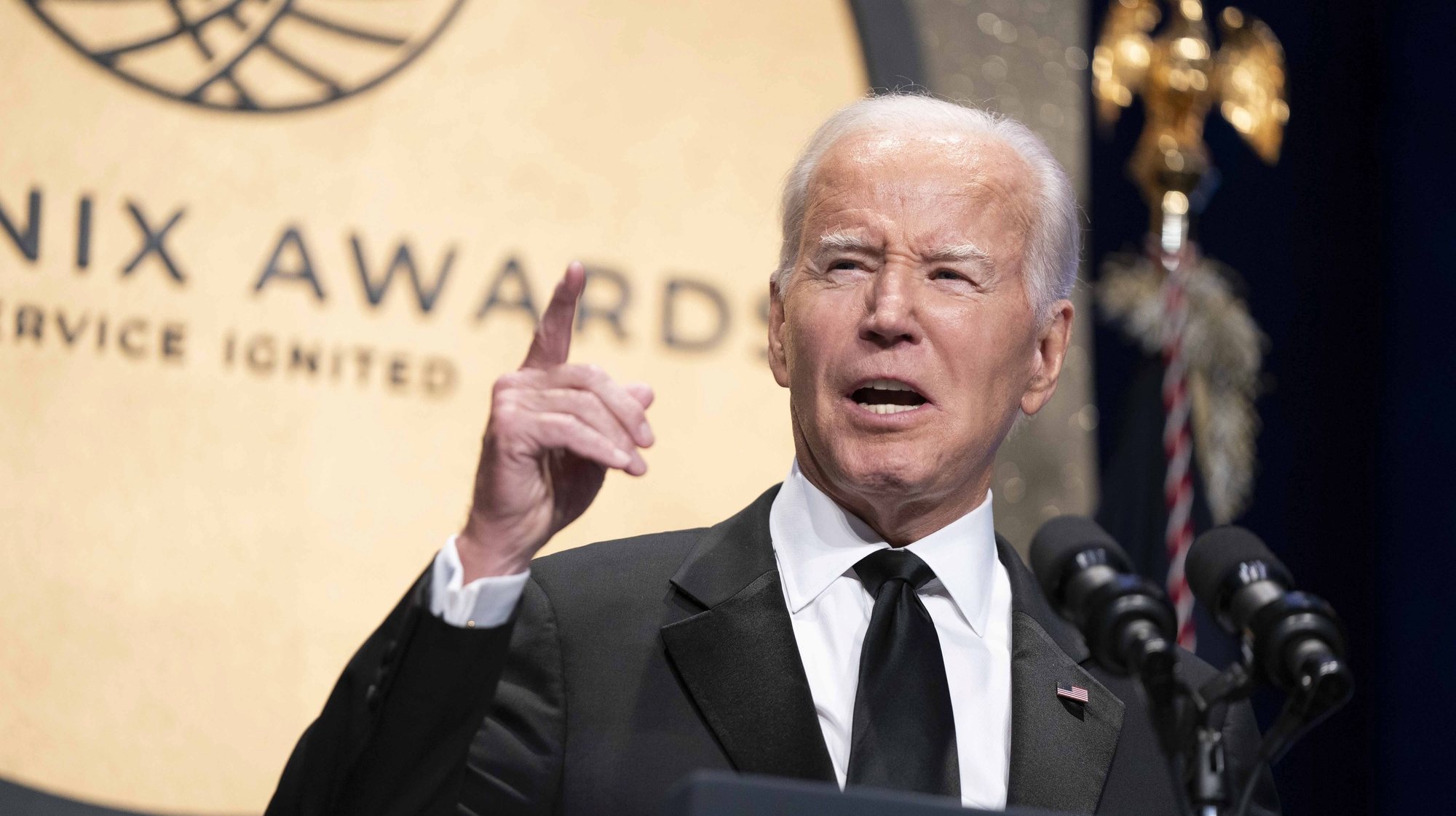 epa10879739 US President Joe Biden speaks during the 2023 Phoenix Awards Dinner at the Washington Convention Center in Washington, DC, USA, 23 September 2023. The dinner, hosted by the Congressional Black Caucus, recognizes individuals who have impacted the Black community.  EPA/BONNIE CASH / POOL