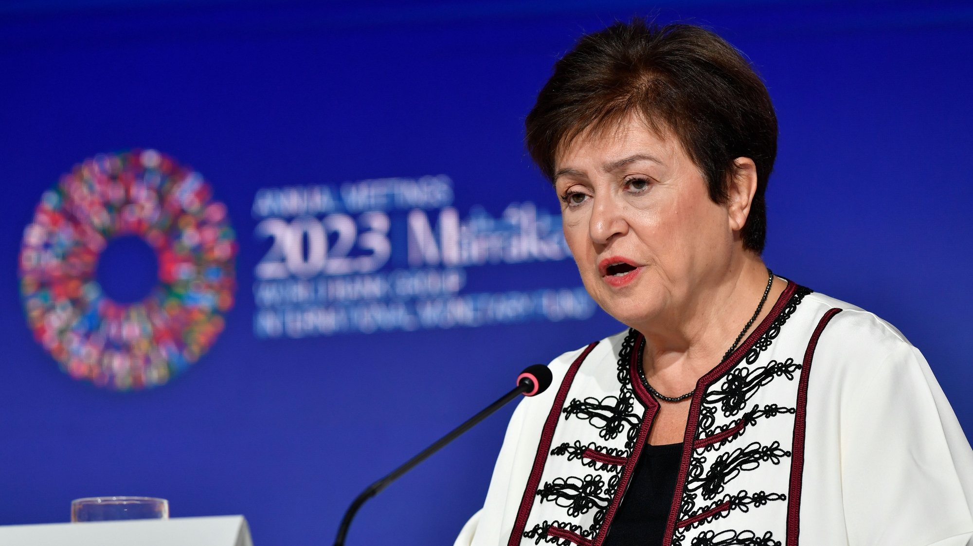 epa10914644 Managing Director of the International Monetary Fund (IMF), Kristalina Georgieva, addresses the media on the fourth day of the 2023 Annual Meetings of the International Monetary Fund (IMF) and the World Bank Group (WBG) in Marrakesh, Morocco, 12 October 2023. This year&#039;s annual meetings, held from 09 to 15 October 2023, are joined by central bankers, ministers of finance and development, parliamentarians, private sector executives, representatives from civil society organizations and academics.  EPA/JALAL MORCHIDI