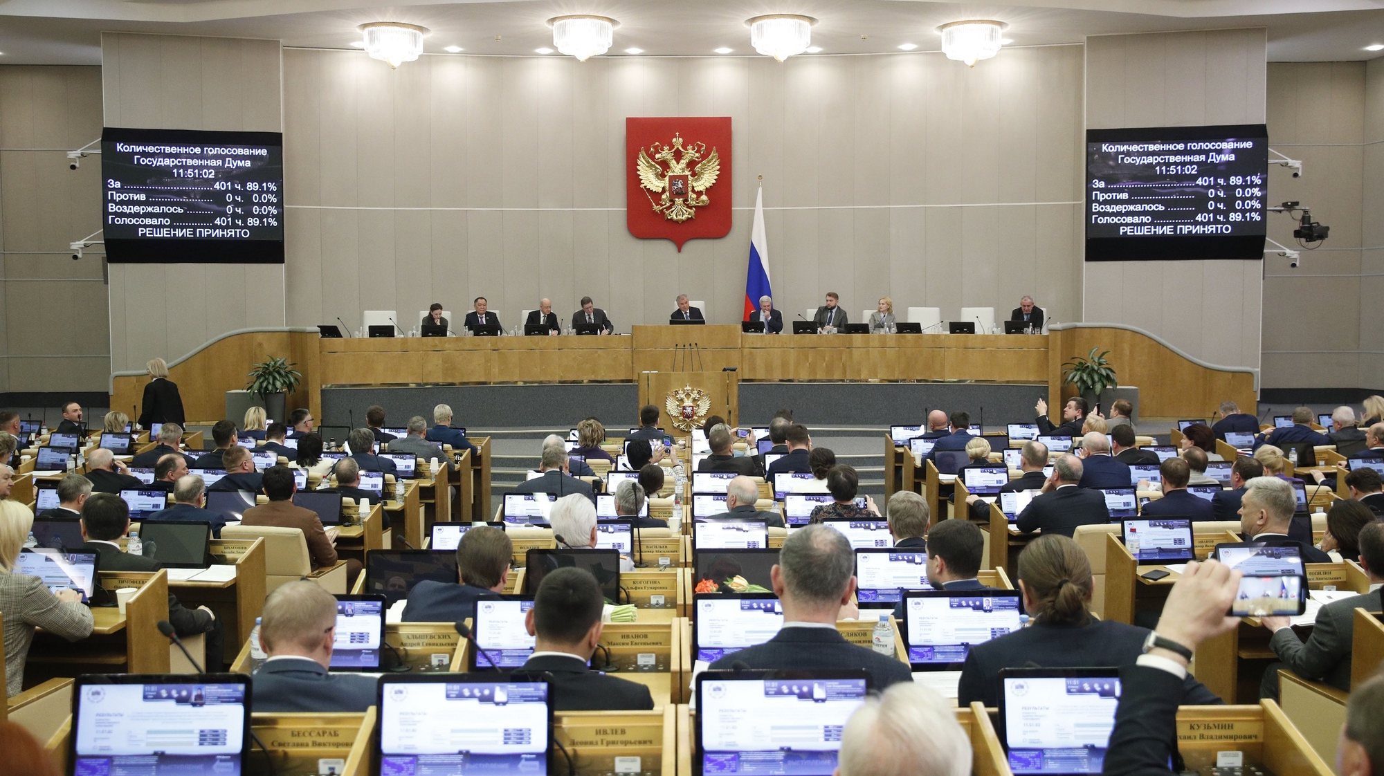 epa10483591 A handout photo made available by the press service of the Russian State Duma (lower house of Russian parliament) shows a plenary session of the Russian State Duma which unanimously adopted a law on the suspension of Russia&#039;s participation in the New START in Moscow, Russia, 22 February 2023. Russian President Vladimir Putin announced in a speech 21 February 2023 that Russia was suspending its participation in the START, but not withdrawing from the treaty. The current Strategic Offensive Arms Treaty, or START-3, was signed in 2010 by Dmitry Medvedev and US President Barack Obama. The document envisaged limiting the volume of nuclear weapons of each of the countries.  EPA/RUSSIAN STATE DUMA PRESS SERVICE/HANDOUT HANDOUT  HANDOUT EDITORIAL USE ONLY/NO SALES