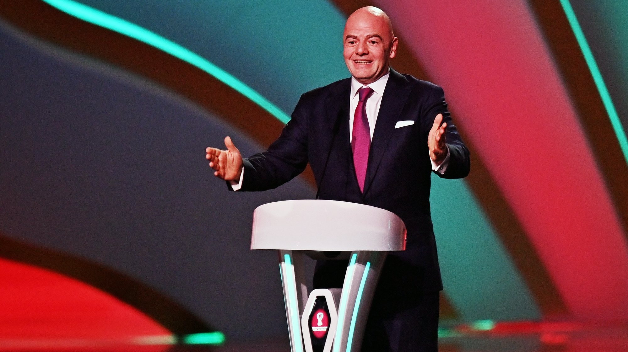 epa09864022 FIFA president Gianni Infantino speaks at the start of the main draw for the FIFA World Cup 2022 in Doha, Qatar, 01 April 2022.  EPA/NOUSHAD THEKKAYIL