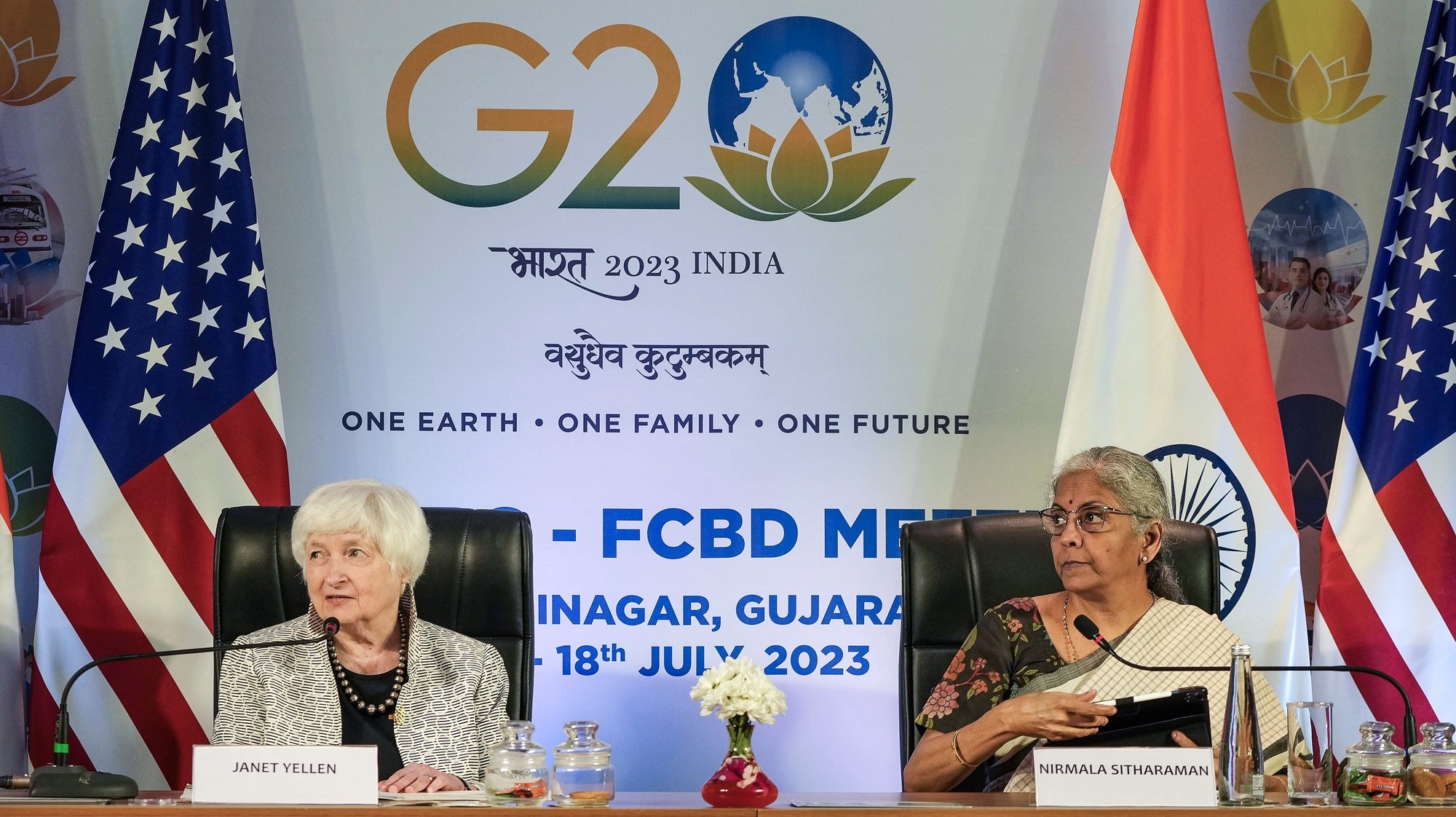 epa10751306 US Treasury Secretary Janet Yellen (L) and India&#039;s Finance Minister Nirmala Sitharaman address the media during a press conference on the sidelines of a third Finance Ministers and Central Bank Governors (FMCBG) meeting, in Gandhinagar, capital of Gujarat state, India, 17 July 2023. The Third G20 Finance Ministers and Central Bank Governors meeting under the Indian G20 Presidency takes place between 17 and 18 July 2023.  EPA/SIDDHARAJ SOLANKI