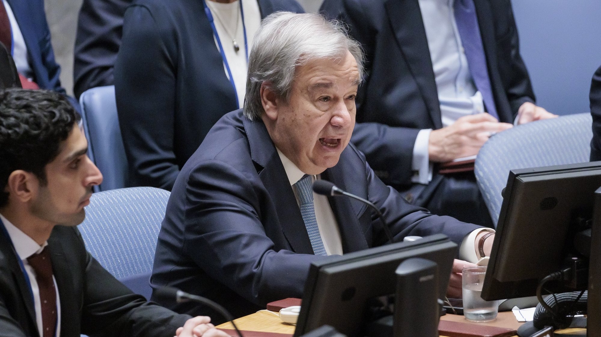 epa10753807 United Nations Secretary-General Antonio Guterres speaks during a United Nations Security Council meeting called to address the growing influence of artificial intelligence (AI) at United Nations headquarters in New York, New York, USA, 18 July 2023.  EPA/JUSTIN LANE
