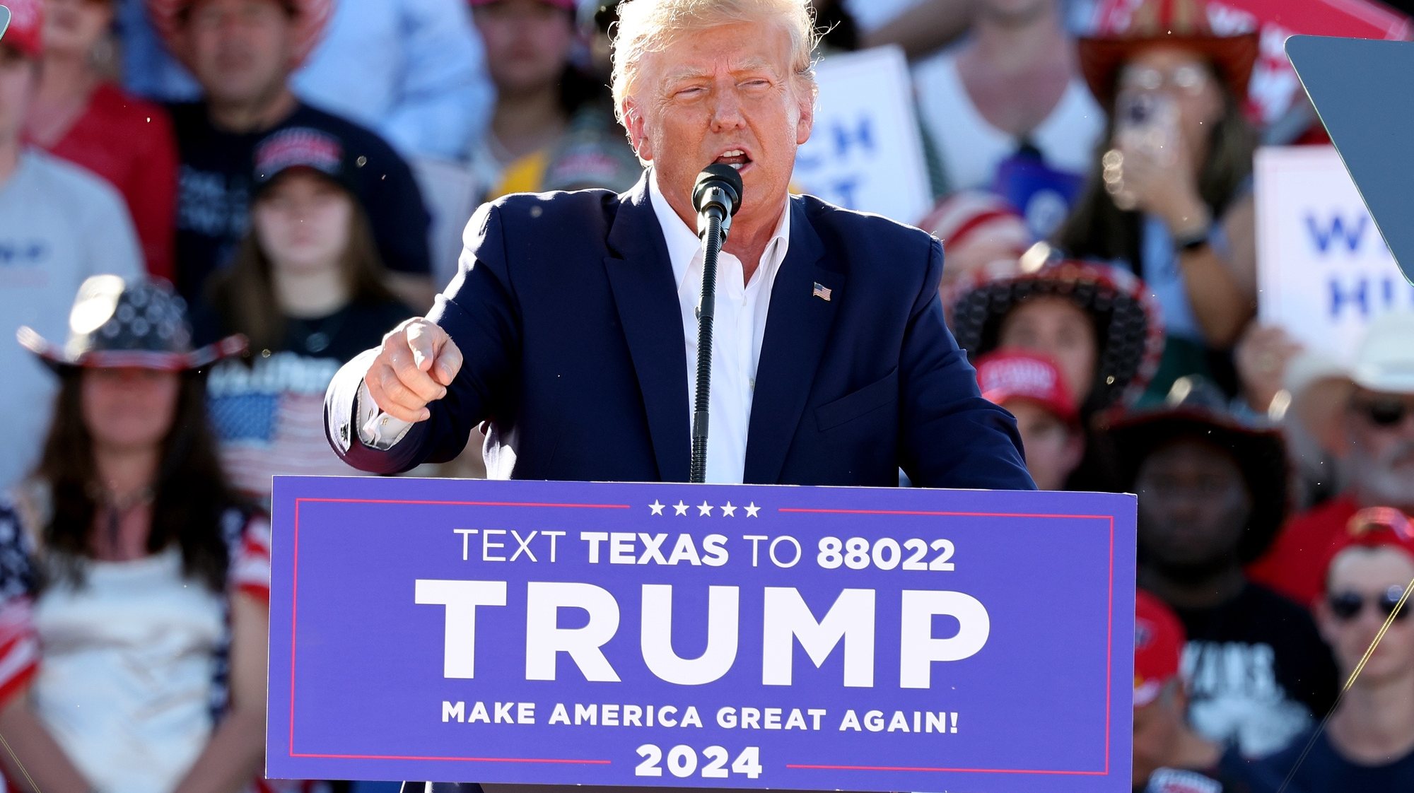 epa10543627 Former US President Donald Trump speaks during his Make America Great Again Rally at the Waco Regional Airport Center in Waco, Texas, USA, 25 March 2023. This is the first stop of Trump&#039;s election campaign tour for presidency in 2024.  EPA/ADAM DAVIS