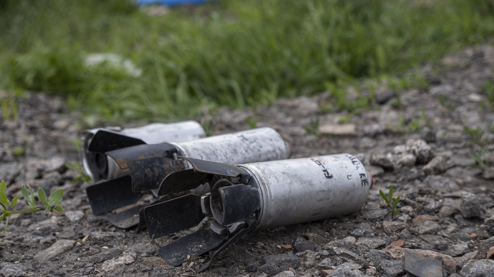 epa09940625 Cluster bomb submunition in Slatino village in Kharkiv region, Ukraine, 11 May 2022. The Ministry of Defence of Ukraine announced on 10 May that Ukrainian troops had recaptured villages north and northeast of Kharkiv from Russian forces and pushed them back to the border. On 24 February, Russian troops had entered Ukrainian territory in what the Russian president declared a &#039;special military operation.&#039;  EPA/MARIA SENOVILLA