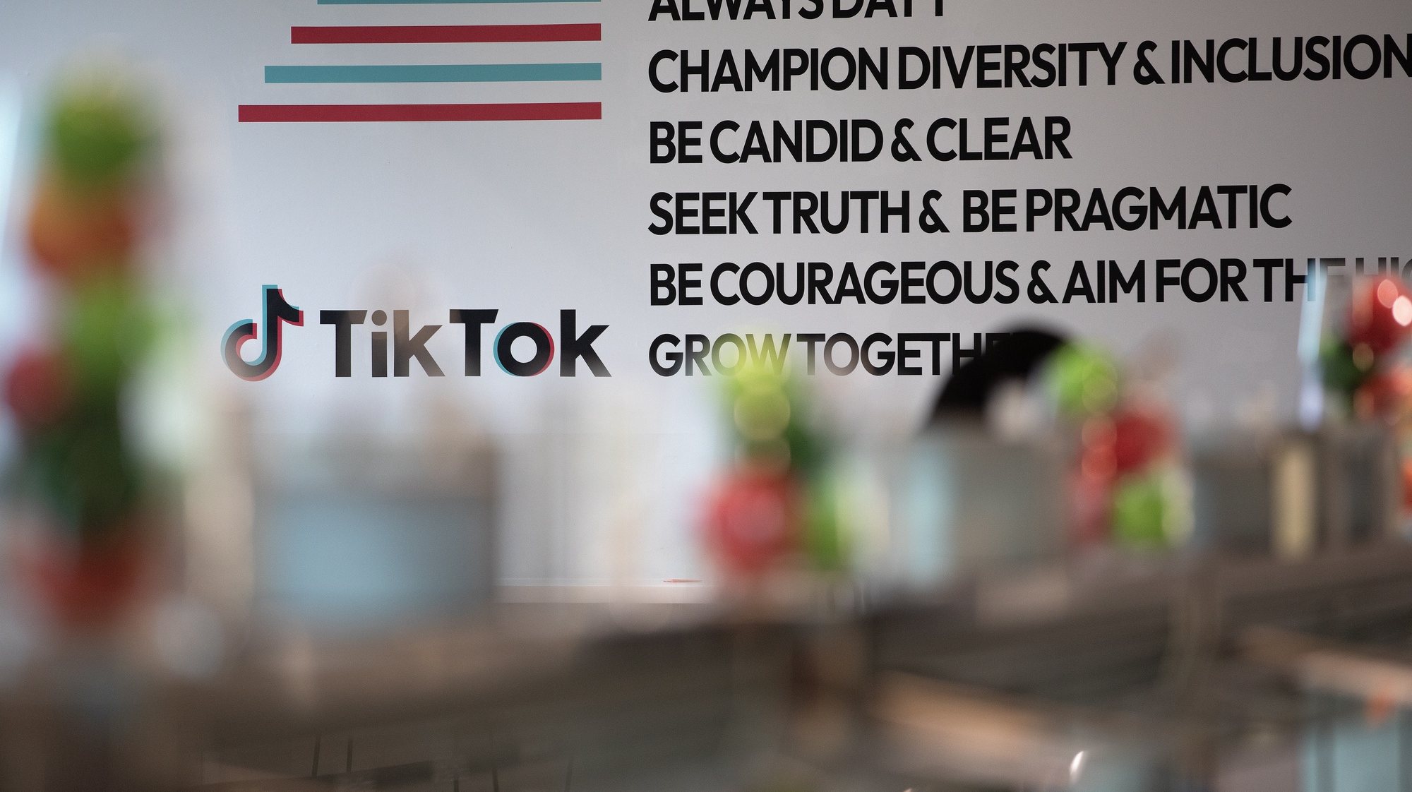 epa10826355 A view of a TikTok signage in the TikTok office canteen during a press tour of Bytedance and TikTok’s offices in Singapore, 29 August 2023. ByteDance Ltd. is the parent company of popular short-video platform TikTok, which has headquarters in Singapore and Los Angeles.  EPA/HOW HWEE YOUNG