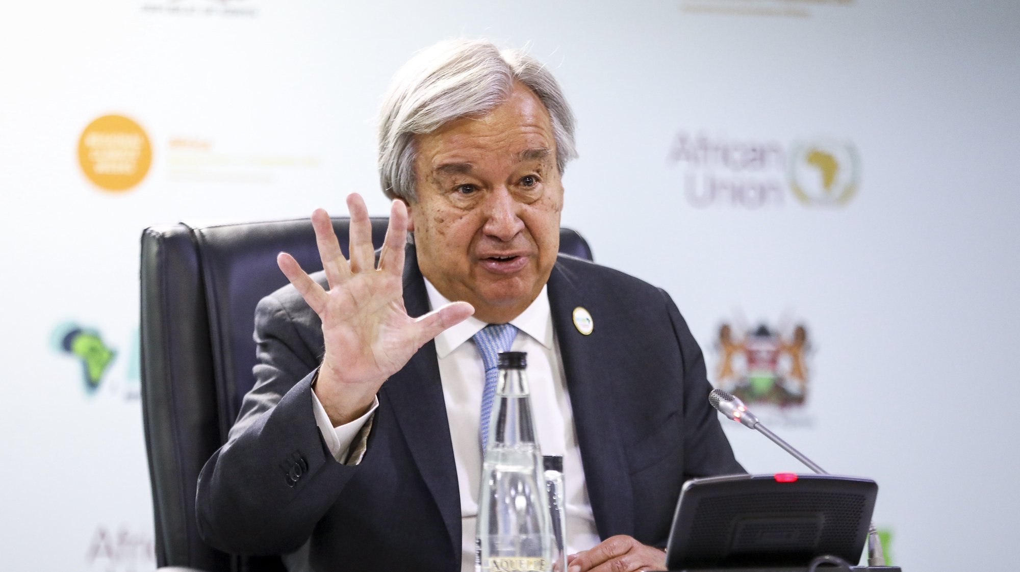 epa10841602 United Nations Secretary-General Antonio Guterres speaks during a press confrence after his speech at the Presidential Day of the ongoing Inaugural Africa Climate Summit (ACS23), at the Kenyatta International Convention Centre (KICC) in Nairobi, Kenya, 05 September 2023. African heads of states are expected to present Africa as a solution to the global warming crisis in a declaration expected to be signed later on during the ongoing summit.  EPA/DANIEL IRUNGU