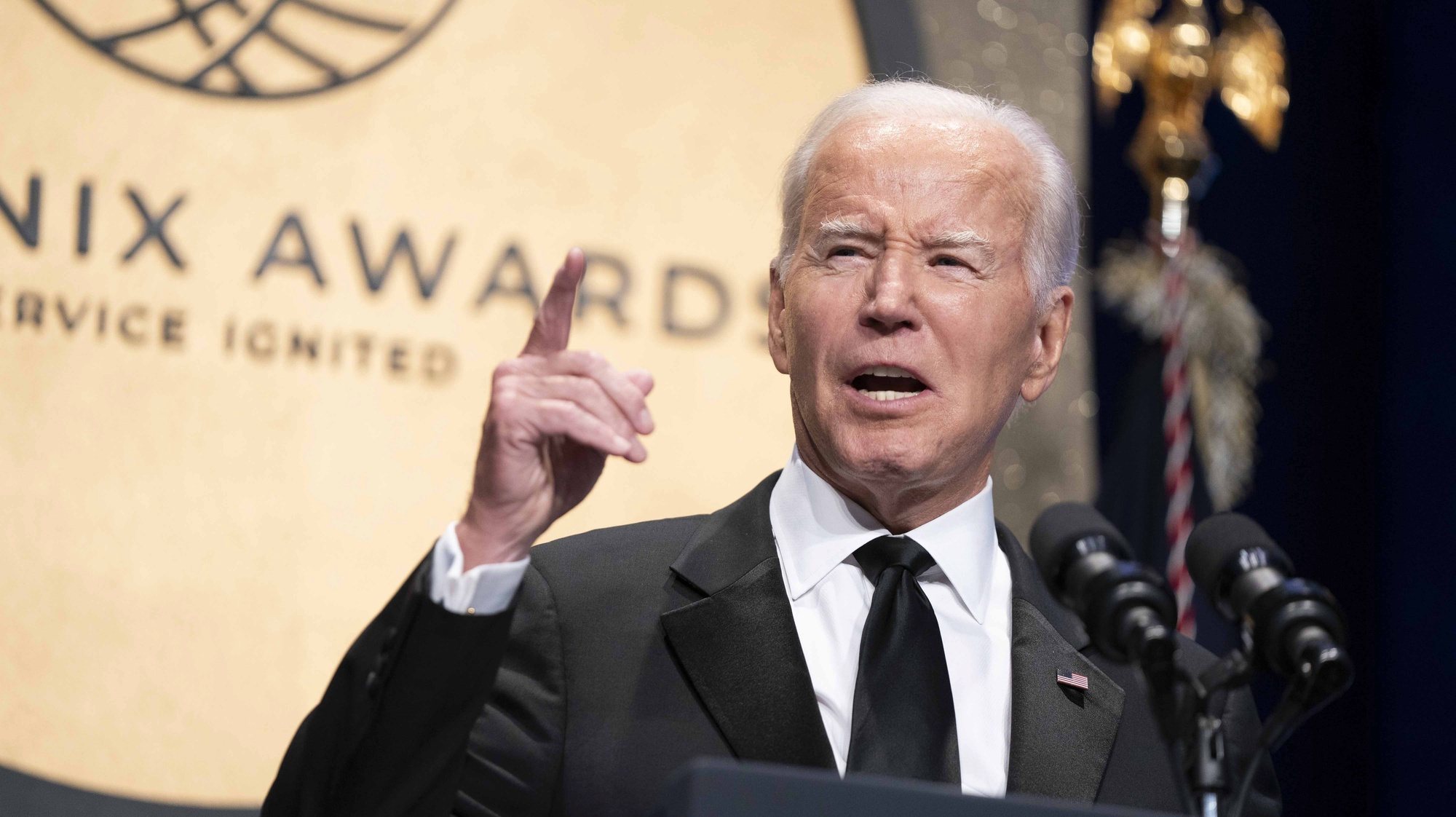 epa10879739 US President Joe Biden speaks during the 2023 Phoenix Awards Dinner at the Washington Convention Center in Washington, DC, USA, 23 September 2023. The dinner, hosted by the Congressional Black Caucus, recognizes individuals who have impacted the Black community.  EPA/BONNIE CASH / POOL