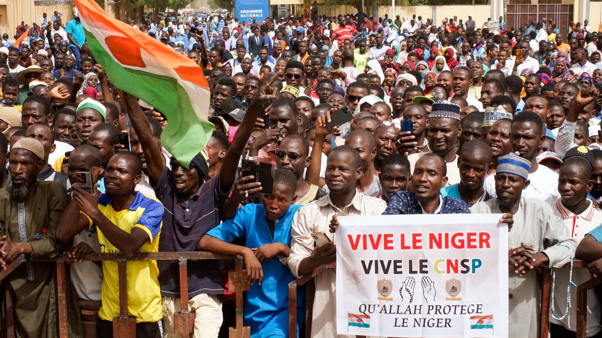 epa11276557 Protesters march for the withdrawal of US troops from Niger in Niamey, Niger, 13 April 2024. The march, which was attended by citizens and members of the National Council for the Safeguard of the Homeland, took place three days after state television Office of Radio and Television of Niger, ORTN, broadcast footage of Russian military trainers arriving in Niger aboard a plane equipped with military supplies to boost the countryâ€™s air defenses.  EPA/ISSIFOU DJIBO