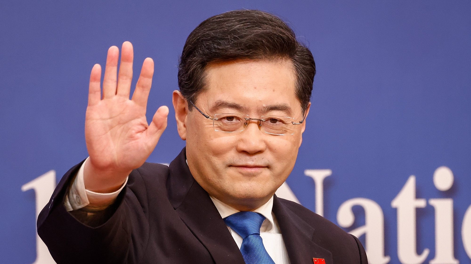 epa10506908 Chinese Foreign Minister Qin Gang gestures after a press conference in Beijing, China, 07 March 2023.  EPA/MARK R. CRISTINO