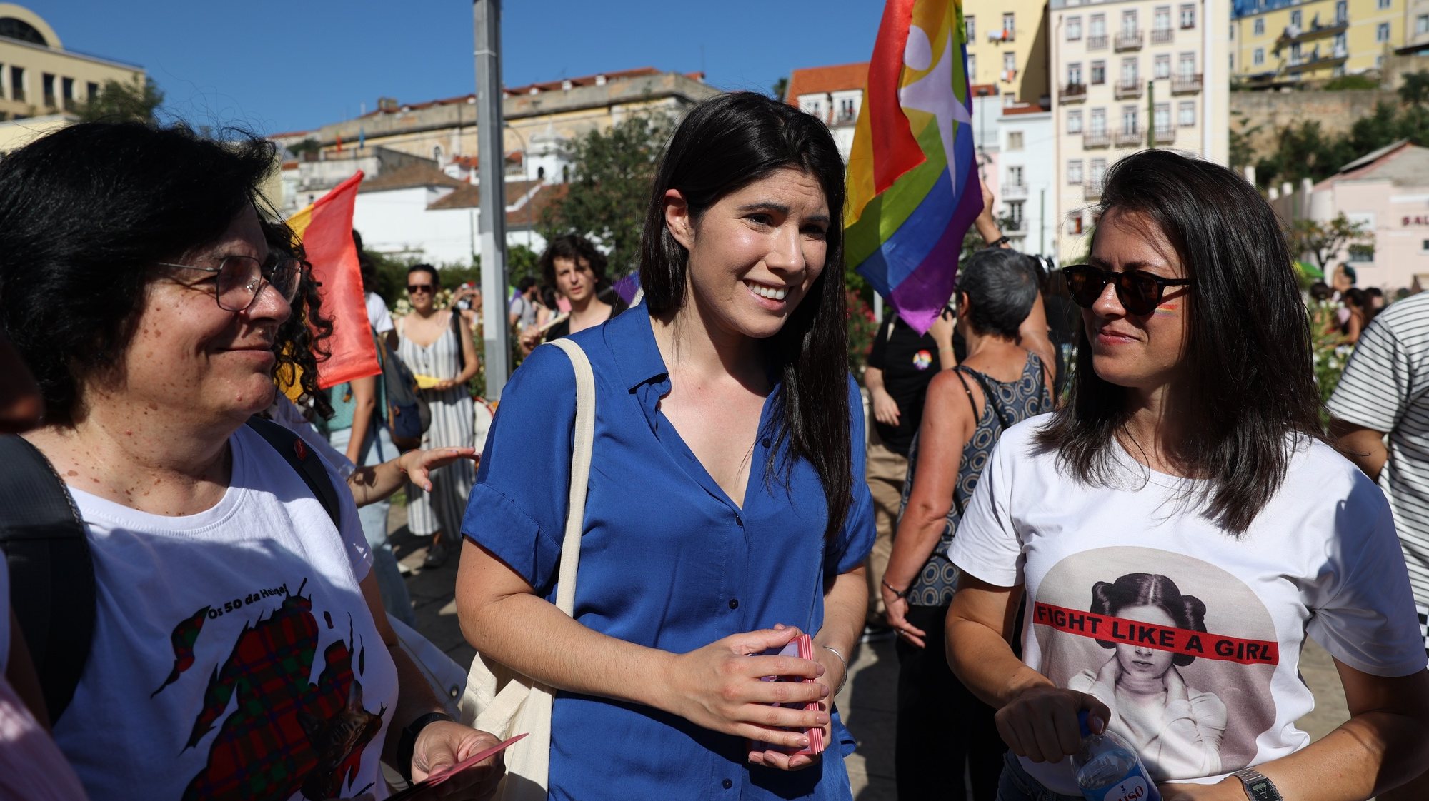 Left Block (BE) leader Mariana Mortagua (C) take part in the 24rd Lisbon, Portugal, 17 June 2023. The Lisbon Pride LGBT parade takes place in the Portuguese capital against the discrimination of people with various sexual orientations. MIGUEL A. LOPES/LUSA