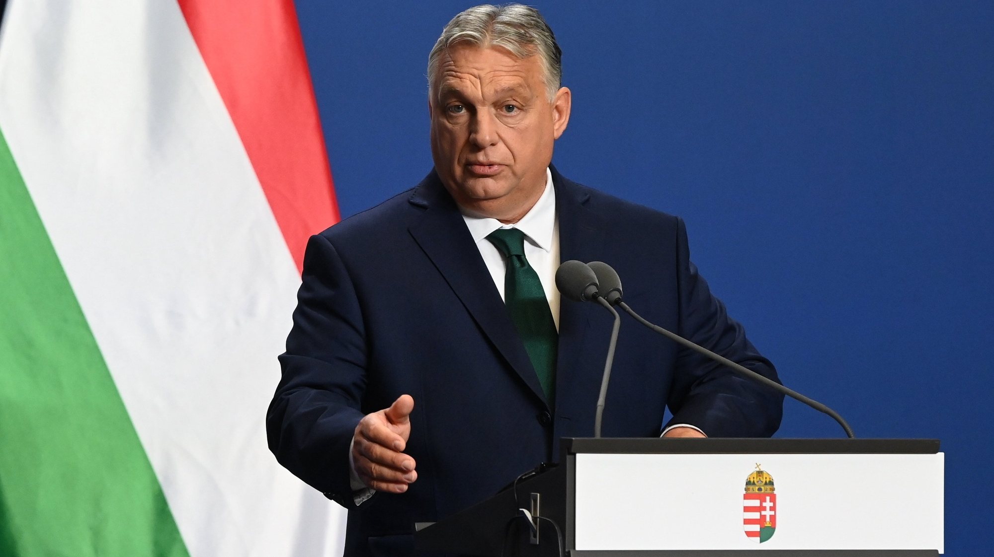 epa11405286 Hungarian Prime Minister Viktor Orban speaks during a joint press conference with NATO Secretary General Jens Stoltenberg (not pictured) following their meeting at the government headquarters in Budapest, Hungary, 12 June 2024.  EPA/ZOLTAN MATHE HUNGARY OUT