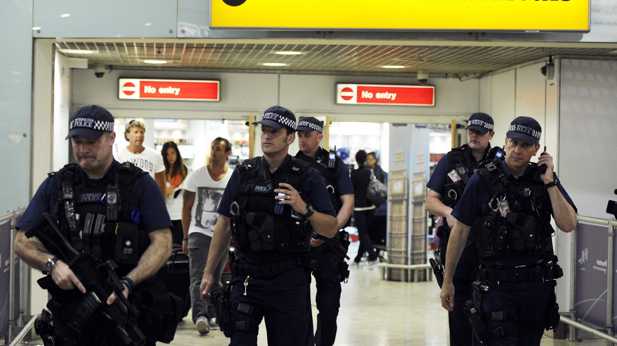 epa05798075 (FILE) -  A file picture dated 23 July 2012 shows British police on patrol at Heathrow airport in London, Britain. The British London Metropolitan Police reported that Counter Terrorism Command (SO15) detectives have arrested a man following his arrival at London Heathrow Airport on the afternoon of 16 February 207. The 36-year-old man was arrested on suspicion of preparation of terrorist acts (contrary section 5 Terrorism Act 2006). He has been taken into custody, under the Police and Criminal Evidence Act (PACE), at a west London police station where he remains at this time. Enquiries by detectives continue.  EPA/FACUNDO ARRIZABALAGA *** Local Caption *** 51459977