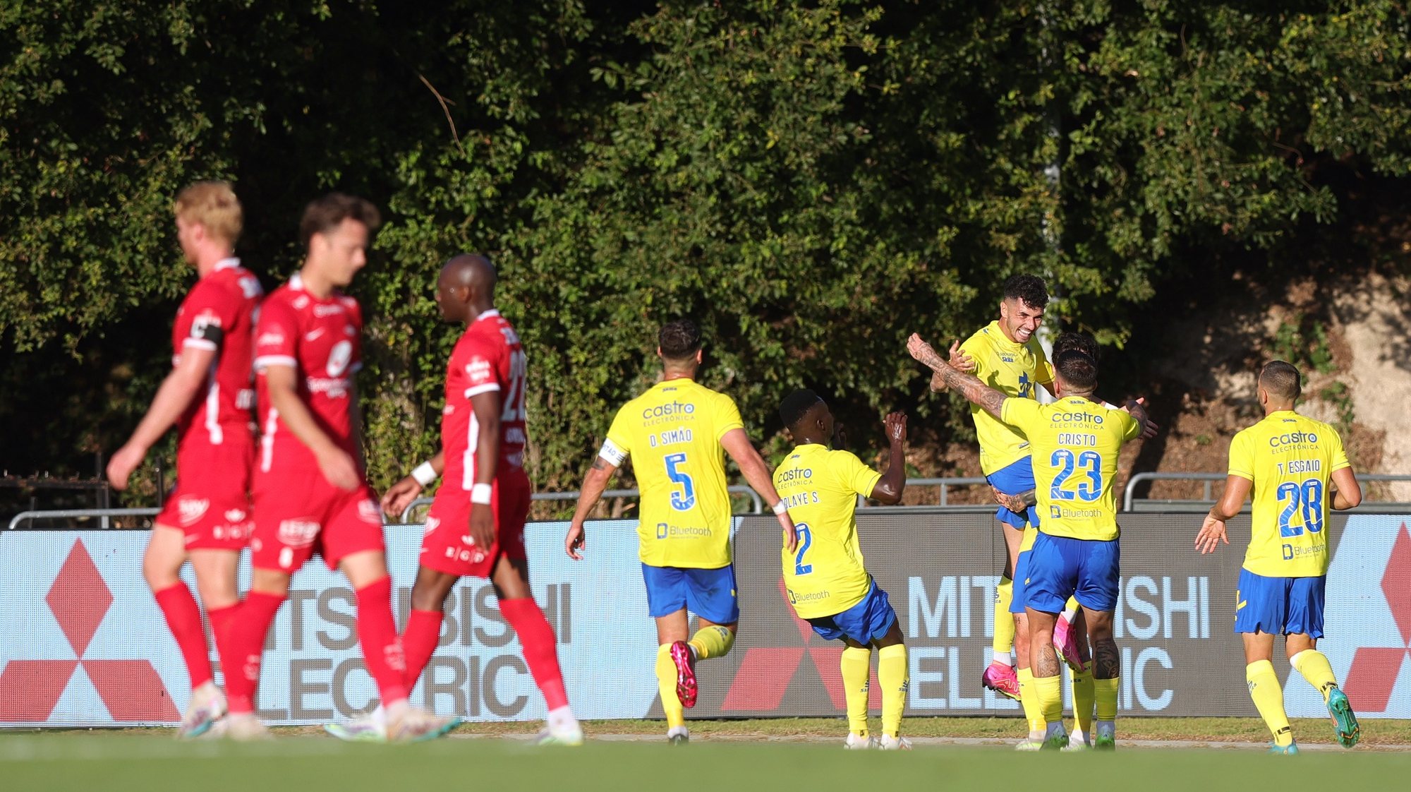 FC Arouca players celebrate a goal against Brann during their Europa Conference League qualifying round soccer match at Municipal de Arouca stadium, in Arouca, Portugal, 10 August 2023. ESTELA SILVA/LUSA