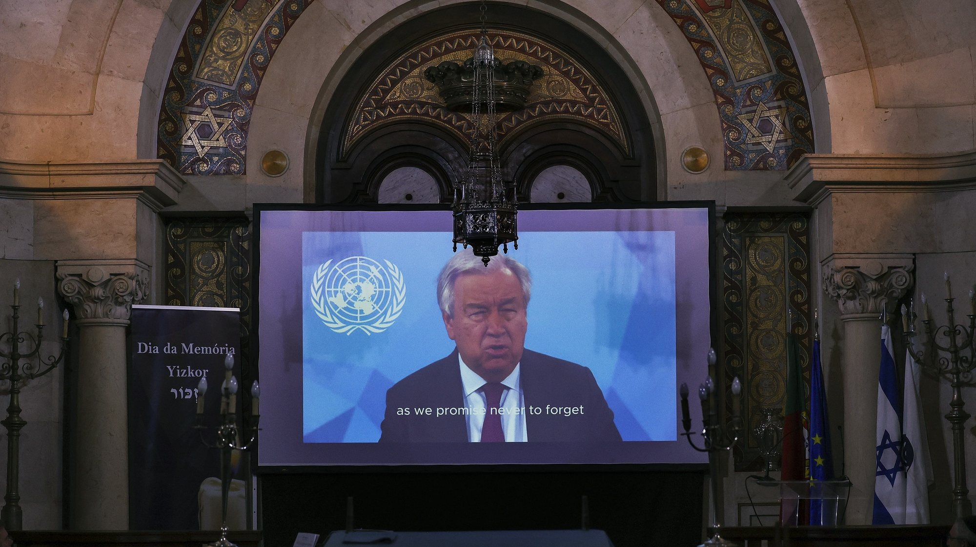 epa11118786 UN secretary general Antonio Guterres delivers a video speech to mark the International Holocaust Remembrance Day commemorating the victims of the Holocaust, and to promote the primacy of the values of freedom, tolerance, respect, democracy and peace in the fight against antisemitism, in the Lisbon Sinagogue, Portugal, 01 February 2024. The Israeli Community of Lisbon (CIL) holds this ceremony in collaboration with the Israeli Embassy in Portugal, with brief speeches by the president of CIL, the rabbi and the Israeli ambassador to Portugal. International Holocaust Remembrance Day is commemorated annually on 27 January.  EPA/MANUEL DE ALMEIDA