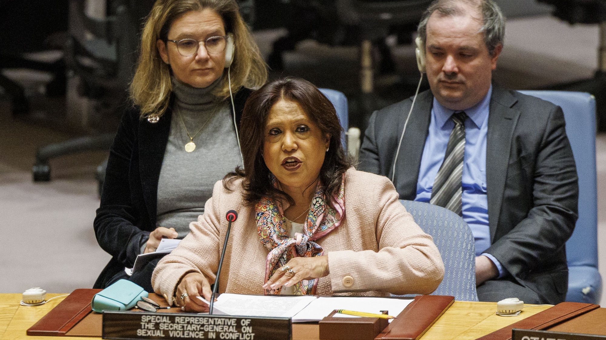 epa11215230 United Nations Special Representative on Sexual Violence in Conflict Pramila Patten (C) speaks during a Security Council meeting about the conflict in the Middle East at the United Nations Headquarters in New York, New York, USA, 11 March 2024.  EPA/SARAH YENESEL