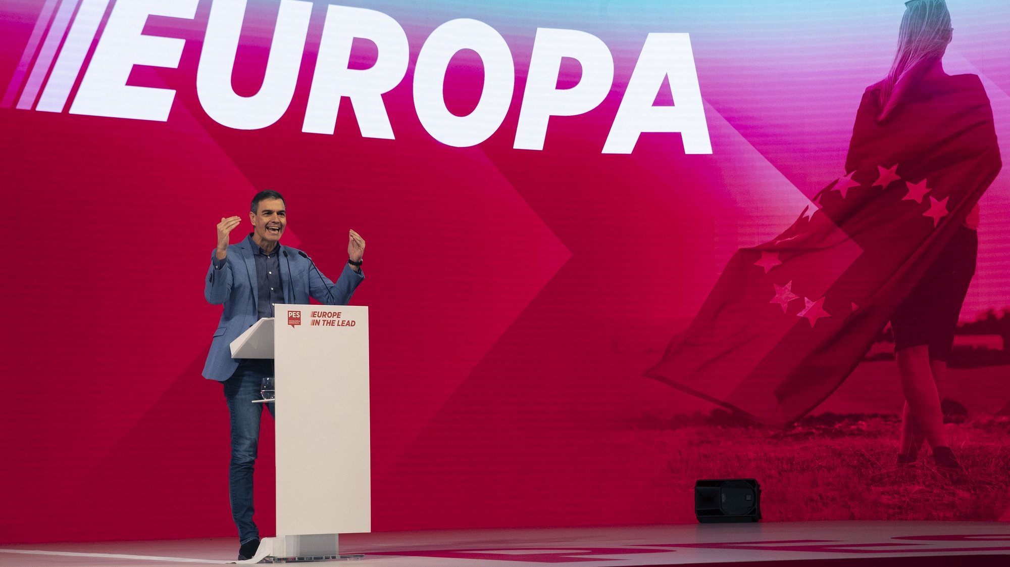 epa10969704 Spain&#039;s acting Prime Minister and leader of the Spanish socialist party Pedro Sanchez speaks during the European Socialist Party congress in Malaga, Spain, 11 November 2023.  EPA/Jorge Zapata