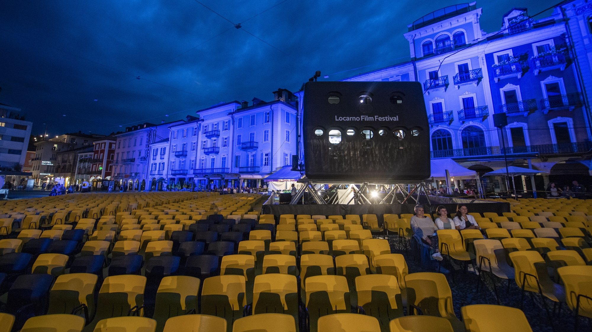 epa09392554 A general view of the Piazza Grande at the Prefestival at the 74th Locarno International Film Festival in Locarno, Switzerland, 03 August 2021. The festival runs from 04 to 14 August 2021.  EPA/URS FLUEELER