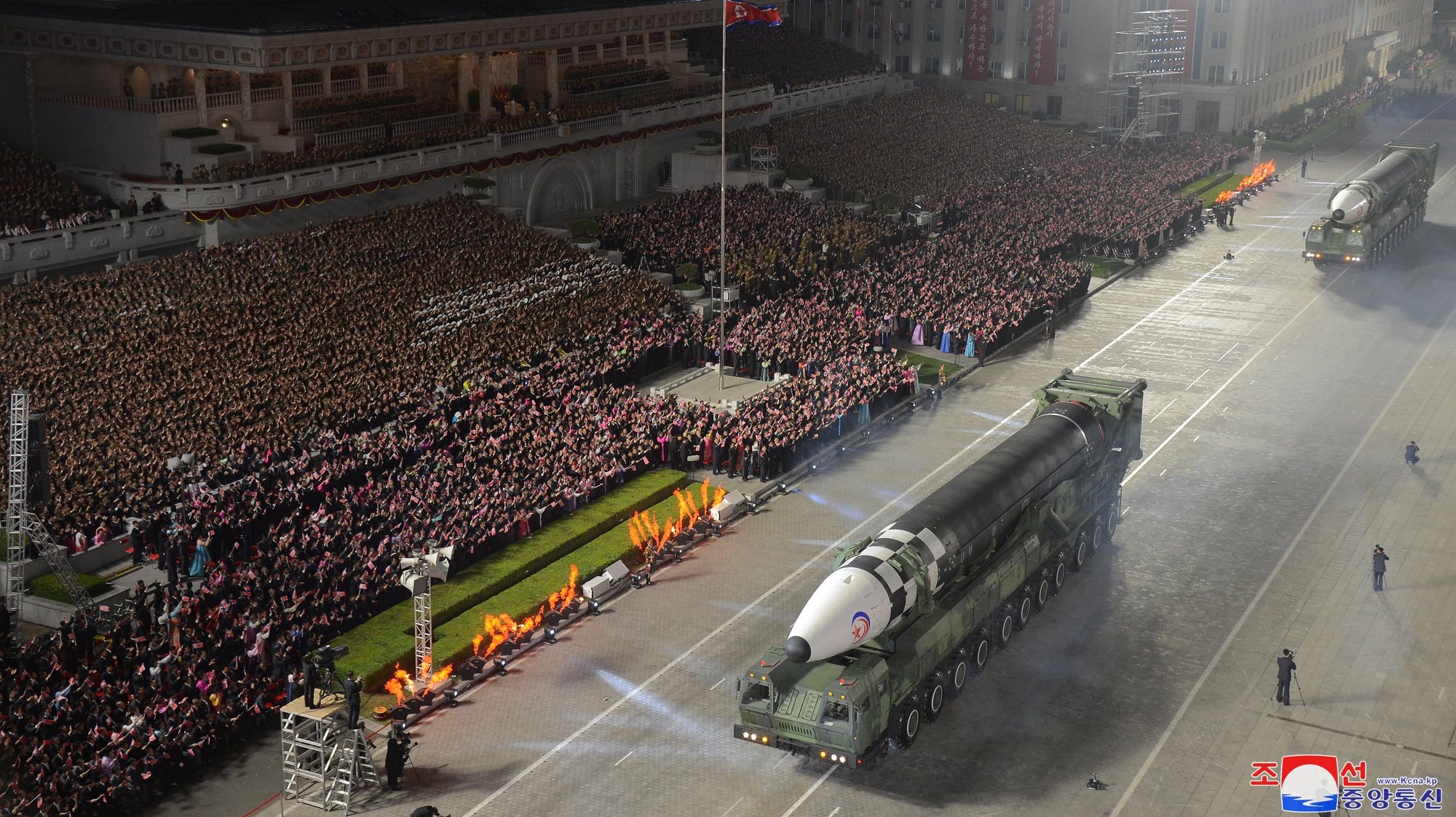 epa09909418 A photo released by the official North Korean Central News Agency (KCNA) shows a new Hwasong-17 missile displayed in a military parade held to celebrate the the 90th founding anniversary of the Korean People&#039;s Revolutionary Army (KPRA), at Kim Il Sung Square in Pyongyang, North Korea, 25 April 2022 (issued 26 April 2022).  EPA/KCNA   EDITORIAL USE ONLY